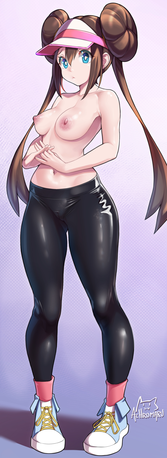 achromaru, aged up, armpit peek, bangs, black legwear, blue eyes, blue footwear, breasts, bright pupils, brown hair, casual, closed mouth, collarbone, commentary request, double bun, female, full body, higher resolution available, highres, human, interlocked fingers, long hair, navel, nipples, own hands together, pantyhose, pink legwear, pokemon, pokemon (game), pokemon bw2, rosa (pokemon), shiny, shiny clothes, shoes, signature, sneakers, socks, solo, standing, topless, twintails, visor cap, white pupils