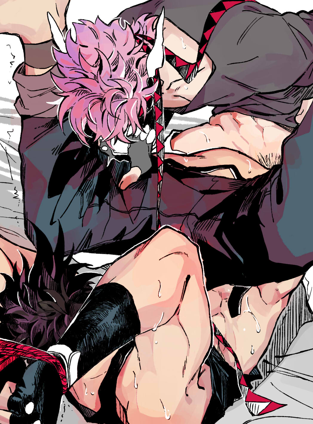 anal battle_tendency bondage bound caesar_zeppeli clothes_pull fingerless_gloves gloves headband_removed highres implied_sex jojo's_bizarre_adventure joseph_joestar joseph_joestar_(young) leaning_forward male male_only missionary nigelungdayo pants pants_pull pink_hair spread_legs yaoi