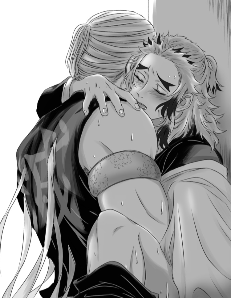 2boys, against wall, armband, armlet, blush, closed eyes, demon slayer, gay, implied anal, implied sex, kimetsu no yaiba, male, male only, monochrome, muscular, ponytail, rengoku kyoujurou, sleeveless, sweat, two-tone hair, uniform, uzui tengen