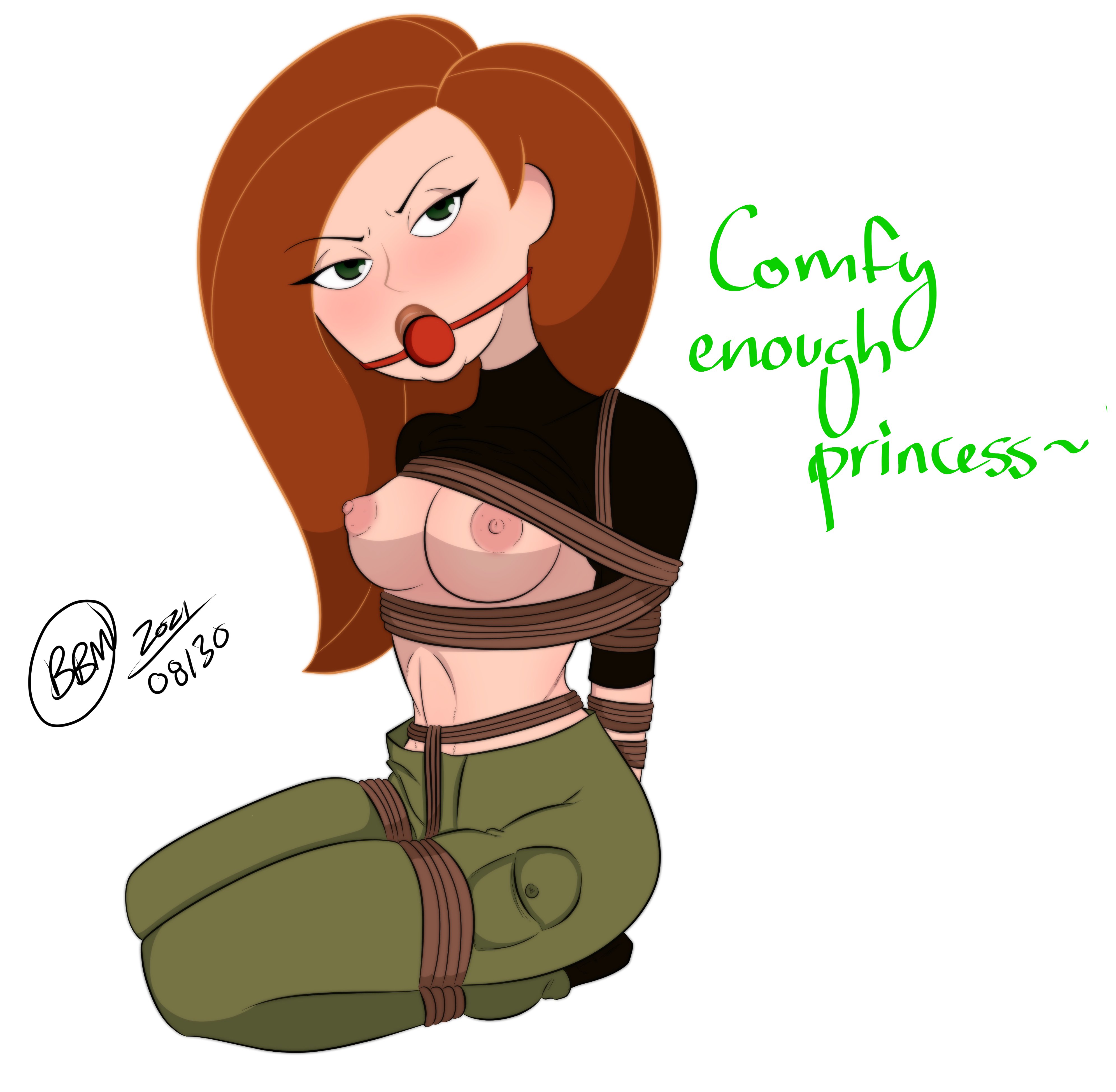 1girls, ball gag, bondage, bound, breasts, bunbunmuffinart, busty, disney, disney channel, female, female focus, female only, femsub, gag, gagged, green eyes, hourglass figure, human, human only, kim possible, kimberly ann possible, medium breasts, nipples, orange hair, redhead, rope, solo, tagme, wide hips