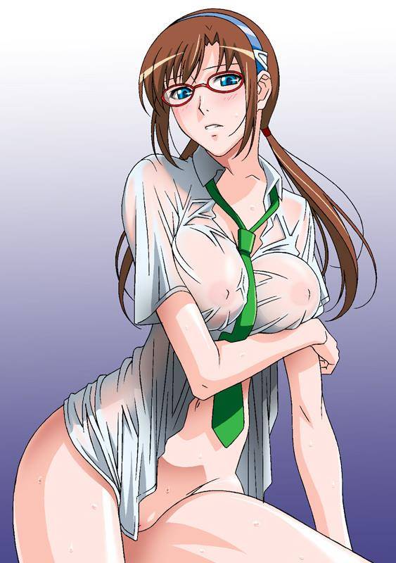 1girls blush breasts brown_hair clothing female glasses human large_breasts light-skinned_female light_skin long_hair mari_illustrious_makinami neon_genesis_evangelion pussy rebuild_of_evangelion rudoni see-through see-through_clothing solo solo_female wet wet_clothes