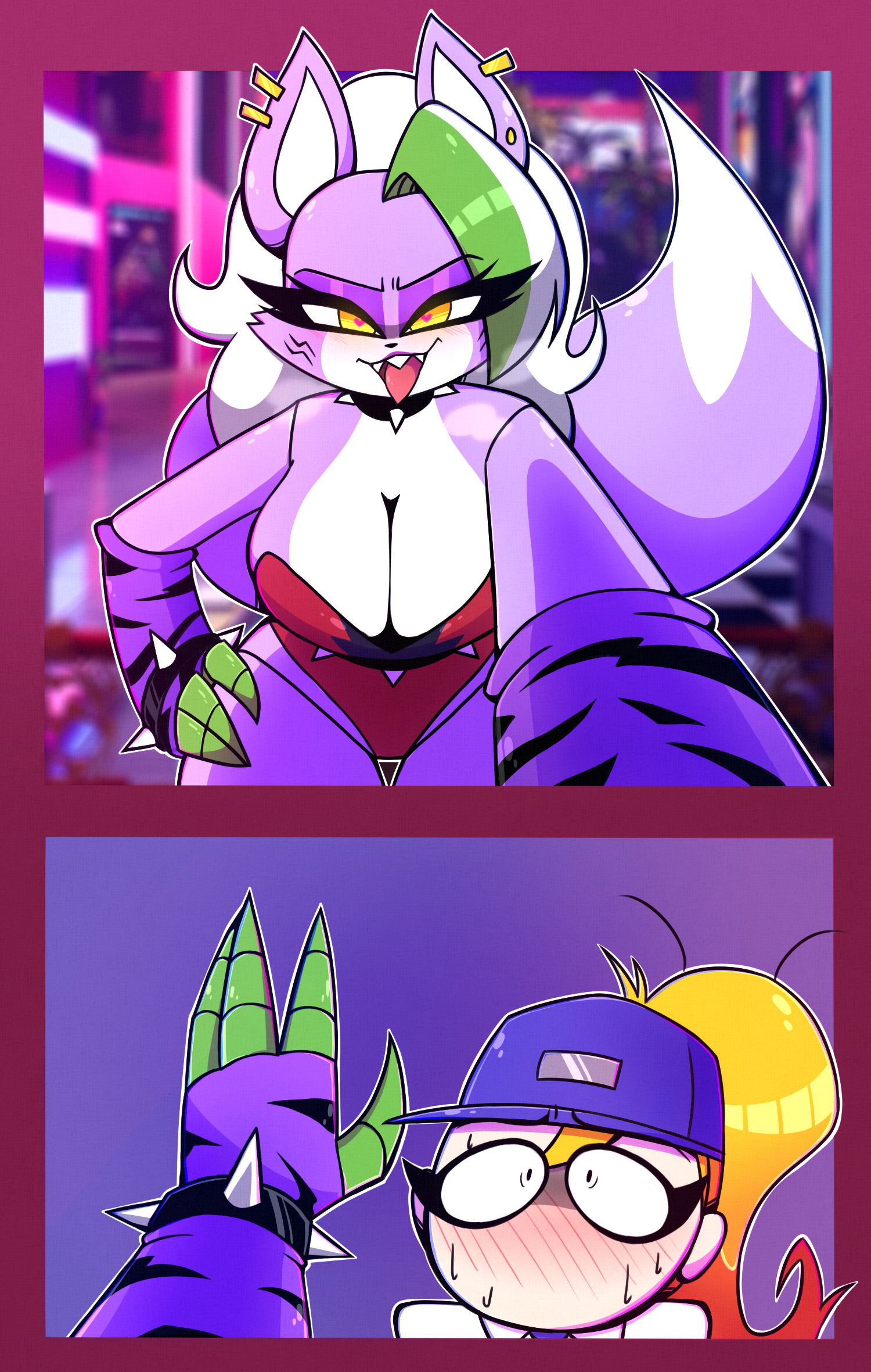 1girls, animatronic, anthro, arm warmers, big breasts, blush, boobs, breasts, cleavage, eye contact, eyelashes, eyes, female, female only, female/female, five nights at freddy's, five nights at freddy's: security breach, hand on wall, human, interspecies, nelljoestar, nervous, robot, roxanne wolf (fnaf), scottgames, shy, spiked collar, tits, tongue, tongue out, vanessa (fnaf), wolf, yuri