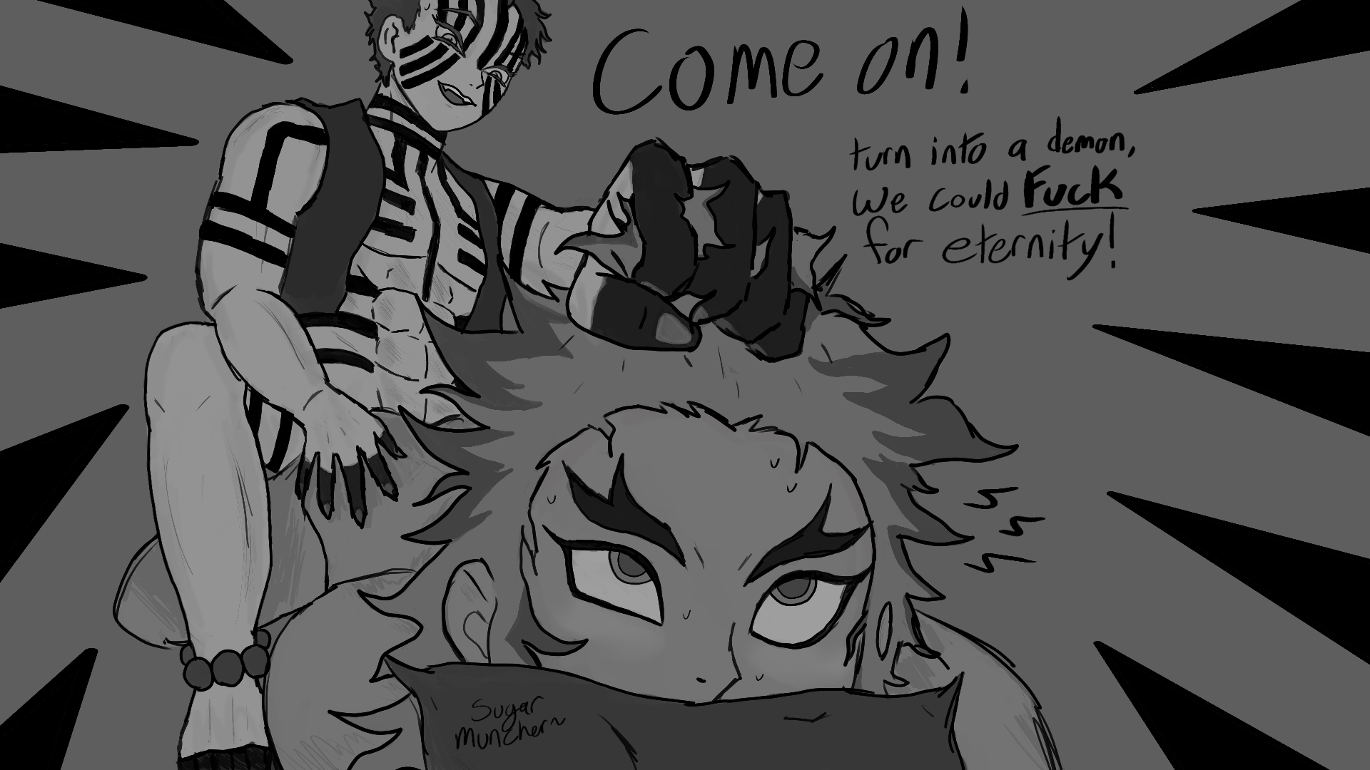 2boys, akaza (kimetsu no yaiba), anal, artist request, bottom, demon, demon slayer, english text, forced, gay, kimetsu no yaiba, male, male only, male/male, rengoku kyoujurou, rough sex, solo male, sugarmuncher, tattoo, top, yaoi