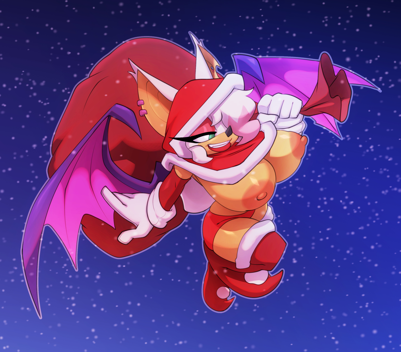 alternate breast size, anthro, armwear, bat, big areola, big breasts, big nipples, bigdad, breasts, chiropteran, christmas, christmas clothing, christmas headwear, clothed, clothing, costume, elbow gloves, female, flying, gloves, hair, hair over eye, handwear, hat, headgear, headwear, holidays, legwear, mammal, nipples, one eye obstructed, rouge the bat, sack, santa costume, santa hat, sega, snow, solo, sonic (series), sonic the hedgehog (series), stockings, topless, wings
