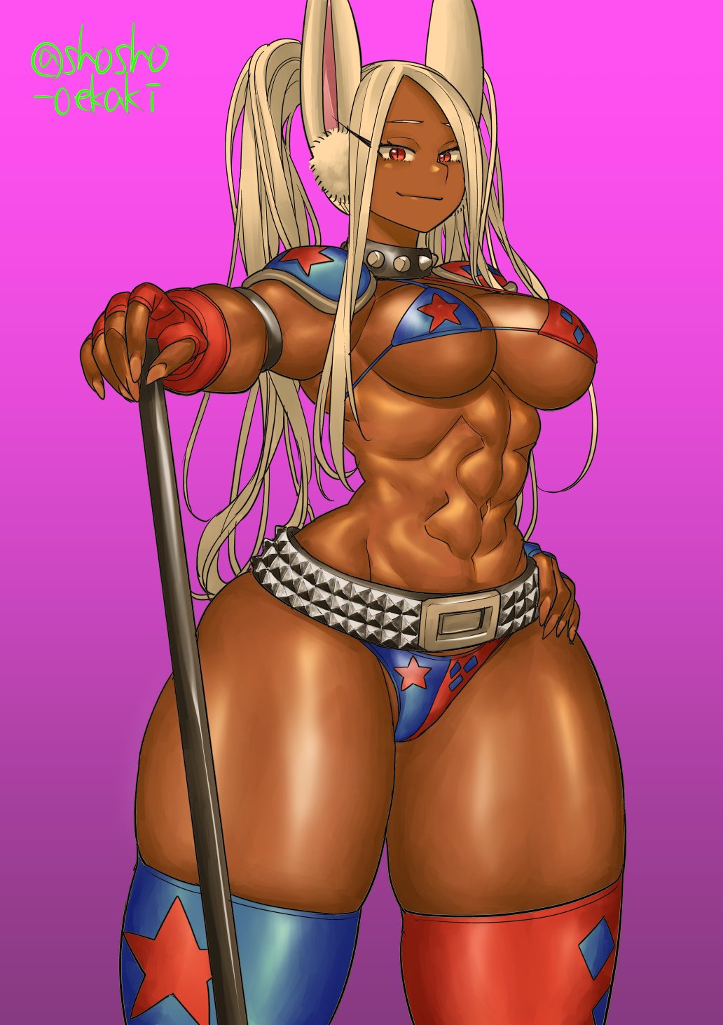 1girls, abs, big breasts, breasts, bunny ears, dark skin, dark-skinned female, dc, dc comics, female, harley quinn (cosplay), large breasts, long ears, long hair, miruko, muscular, muscular female, my hero academia, red hair, rumi usagiyama, shosho oekaki, thick thighs, thighhighs, thighs, white hair, wide hips