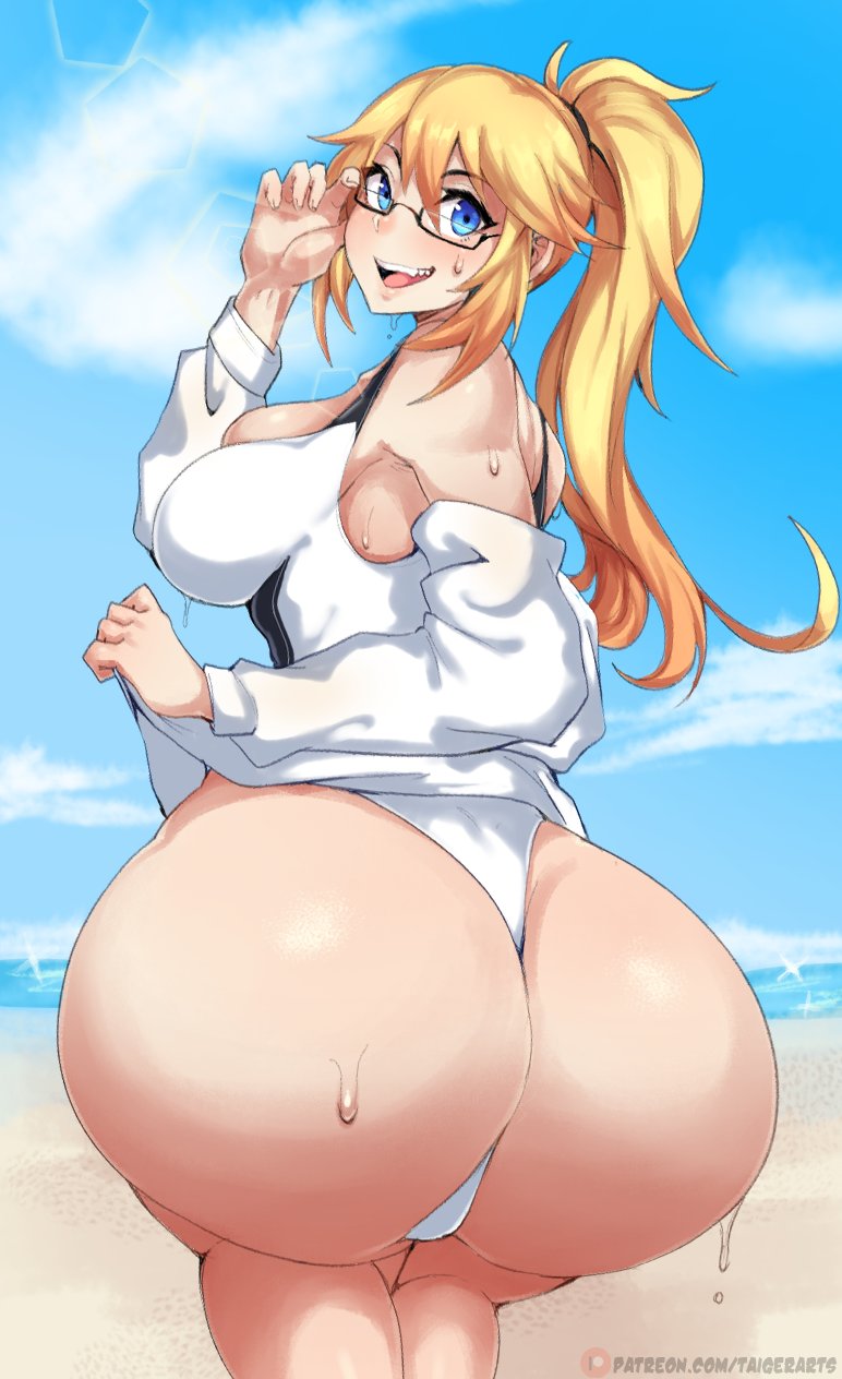 1girls, ass, beach, big ass, blonde hair, breasts, fate (series), fate/grand order, female, female focus, glasses, hips, jeanne d'arc (fate), jeanne d'arc (swimsuit archer), large ass, large breasts, long hair, looking at viewer, looking back, sideboob, smile, smiling, solo, swimsuit, taigerarts, thick thighs, thighs, watermark, wide hips