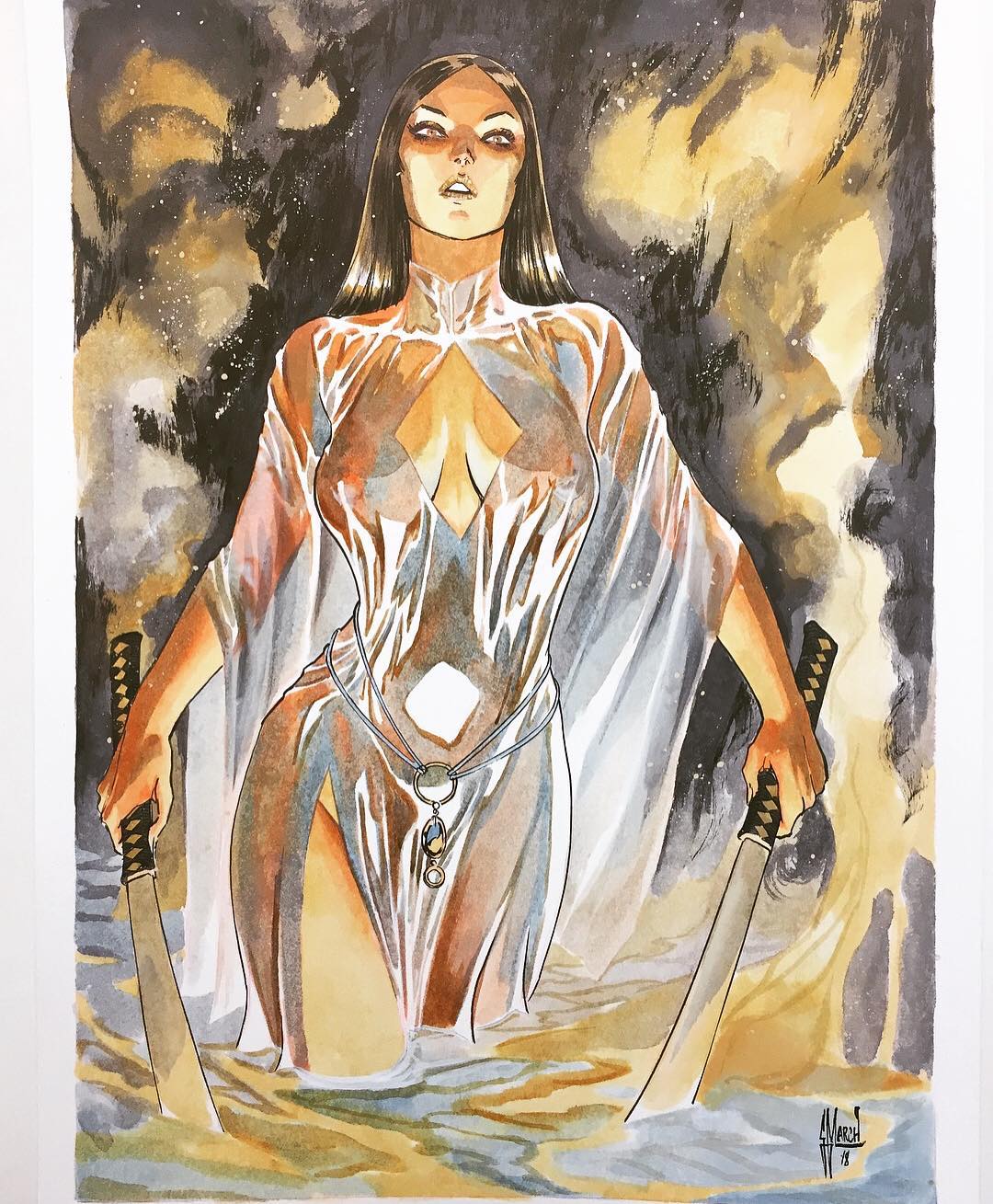 1girls, arabian, batman (series), big breasts, breasts, cleavage, cleavage cutout, clothed, dc, dc comics, dress, female, female focus, female only, femme fatale, guillem march, hourglass figure, milf, mother, nipple bulge, partially submerged, slit dress, solo, sword, talia al ghul, thighs, wading, wet, wet body, wet clothes, wet dress, white dress