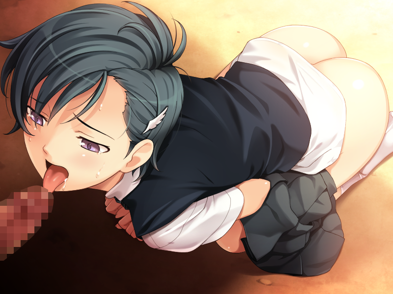 aramoto_mutsumi ass black_vest censored clothes_pull drooling fellatio female from_above game_cg grey_hair grey_skirt hair_ornament half-closed_eyes hototogisu licking licking_penis miniskirt mosaic_censoring open_mouth oral penis pleated_skirt purple_eyes sakurajima_saromako shirt short_hair short_sleeves skirt skirt_pull socks solo_focus tongue tongue_out vest white_legwear white_shirt