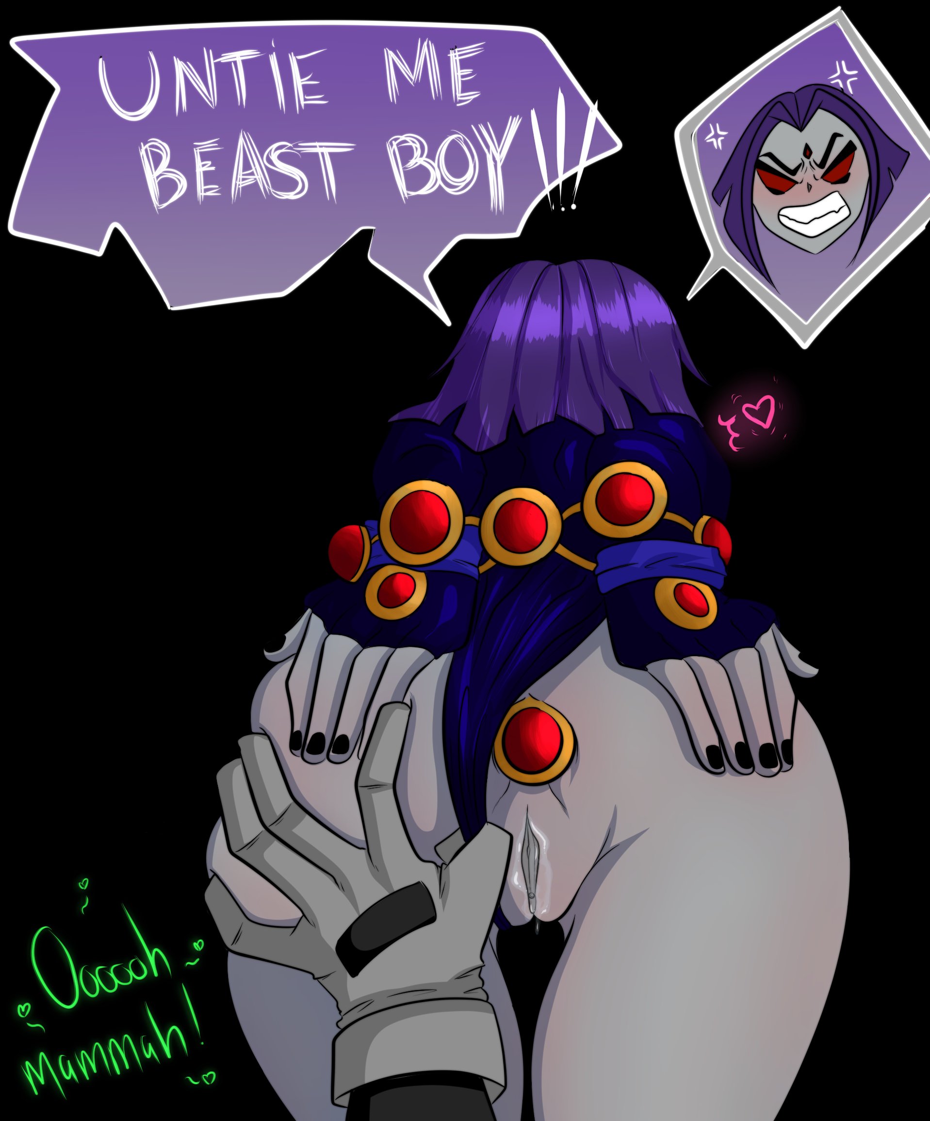 1boy, 1girls, anal plug, anger vein, angry face, beast boy, bunbunmuffinart, buttplug, dc, dc comics, female, female focus, garfield logan, goth, groping, leotard aside, male, purple hair, rachel roth, raven (dc), sex toy, smooth skin, tagme, teen titans, tied hands, tied up, unseen male face, wide hips