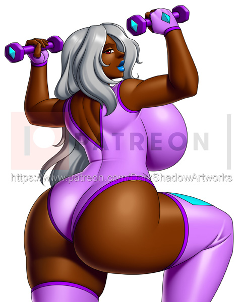 1girls arms_up athletic_outfit blue_lipstick clothed_female colored curvaceous curvy curvy_female curvy_figure dark-skinned_female dark_skin female_only huge_ass huge_breasts huge_butt long_hair looking_at_viewer looking_back original_character patreon pink_gloves pink_outfit pink_pantyhose prism rear_view red_eyes solo_female thedarkness thick_lips thick_thighs uncensored voluptuous watermark web_address weights white_background white_hair