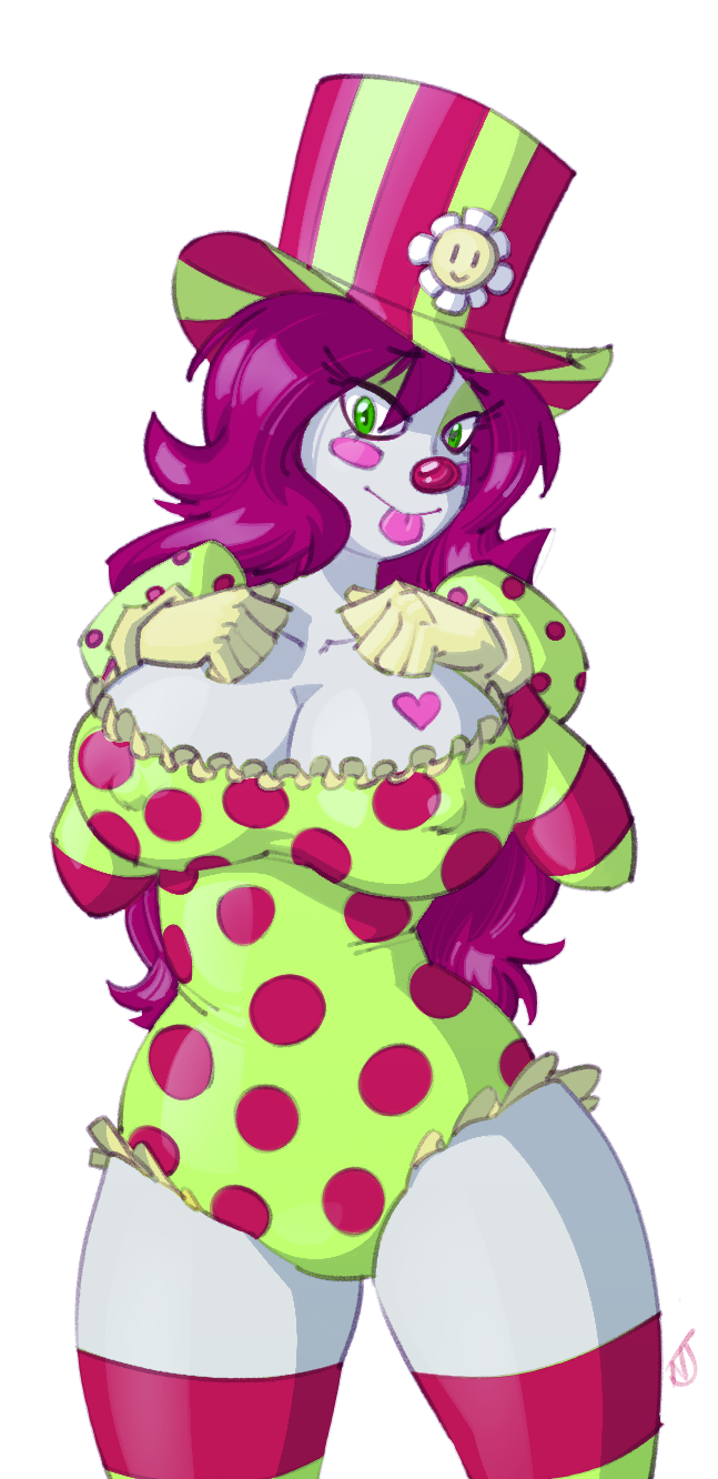 background big_breasts breasts cleavage clown clown_girl clown_makeup clown_nose female female_only gloves heart_tattoo lapinbeau large_breasts miss_honker stockings tagme tongue_out top_hat