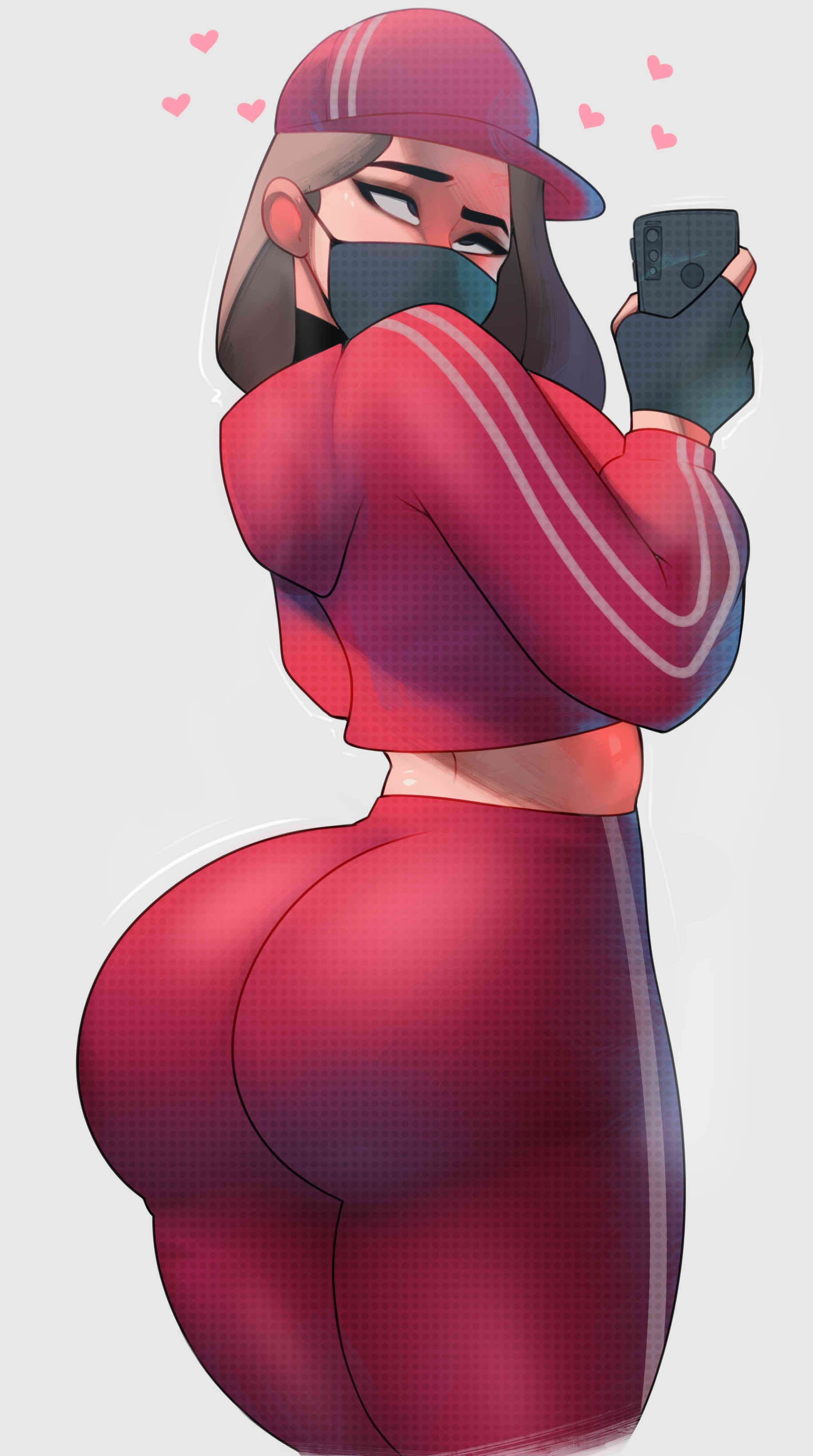 2d ahe_gao ass big_ass brown_hair cap cross-eyed epic_games facemask female female_only fortnite fortnite:_battle_royale grey_background hat heart looking_back looking_right mask phone postblue98 ruby_(fortnite) selfie simple_background solo standing yoga_pants