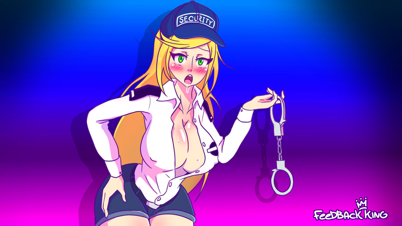 1girls big_breasts blonde_hair blush breasts cleavage erect_nipples feedback99 five_nights_at_freddy's five_nights_at_freddy's:_security_breach green_eyes handcuffs hard_nipples looking_at_viewer nipple_bulge nipples_visible_through_clothing ponytail security_guard shorts thick_thighs vanessa_(fnaf) yellow_hair