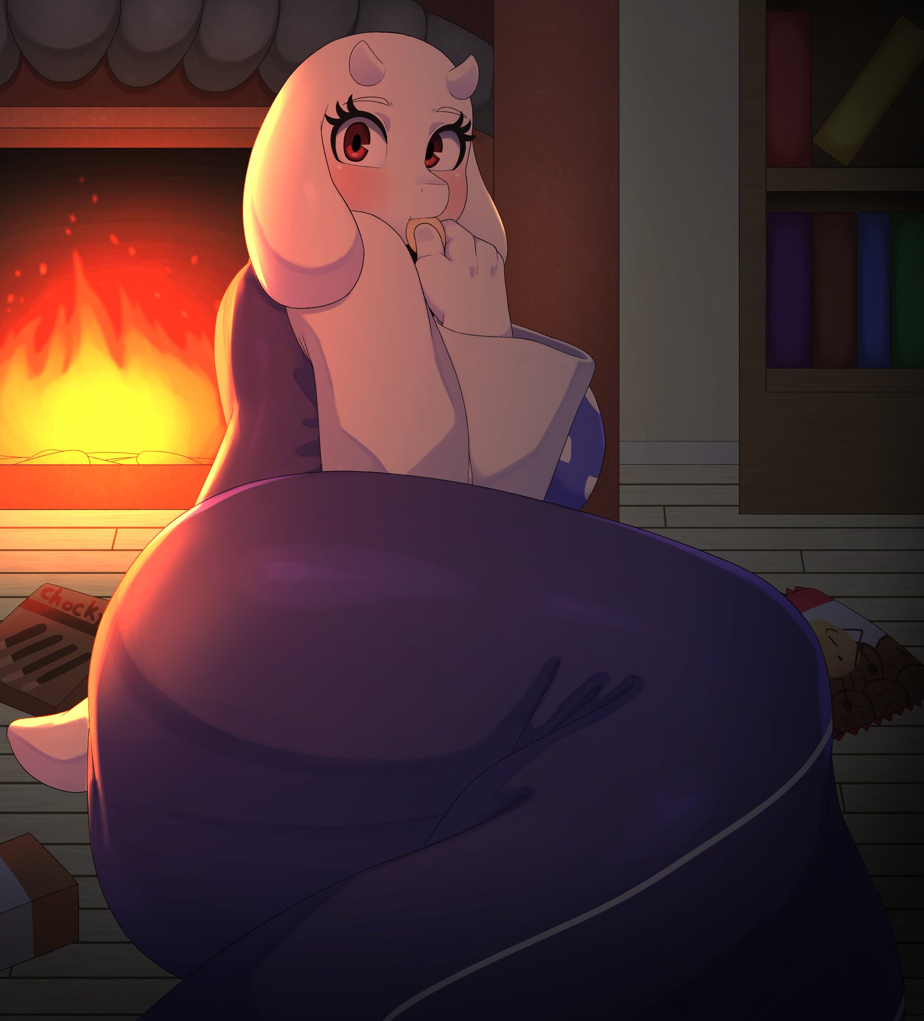 ass, ass focus, ass in dress, bbw, blush, bookshelf, braffy, butt focus, cute, dress, eating food, eyelashes, female, fireplace, goat, goat ears, goat girl, goat horns, huge ass, huge butt, lighting, looking at viewer, purple dress, red eyes, sfw, shading, side view, smiling, smiling at viewer, tail, toriel, undertale, white fur