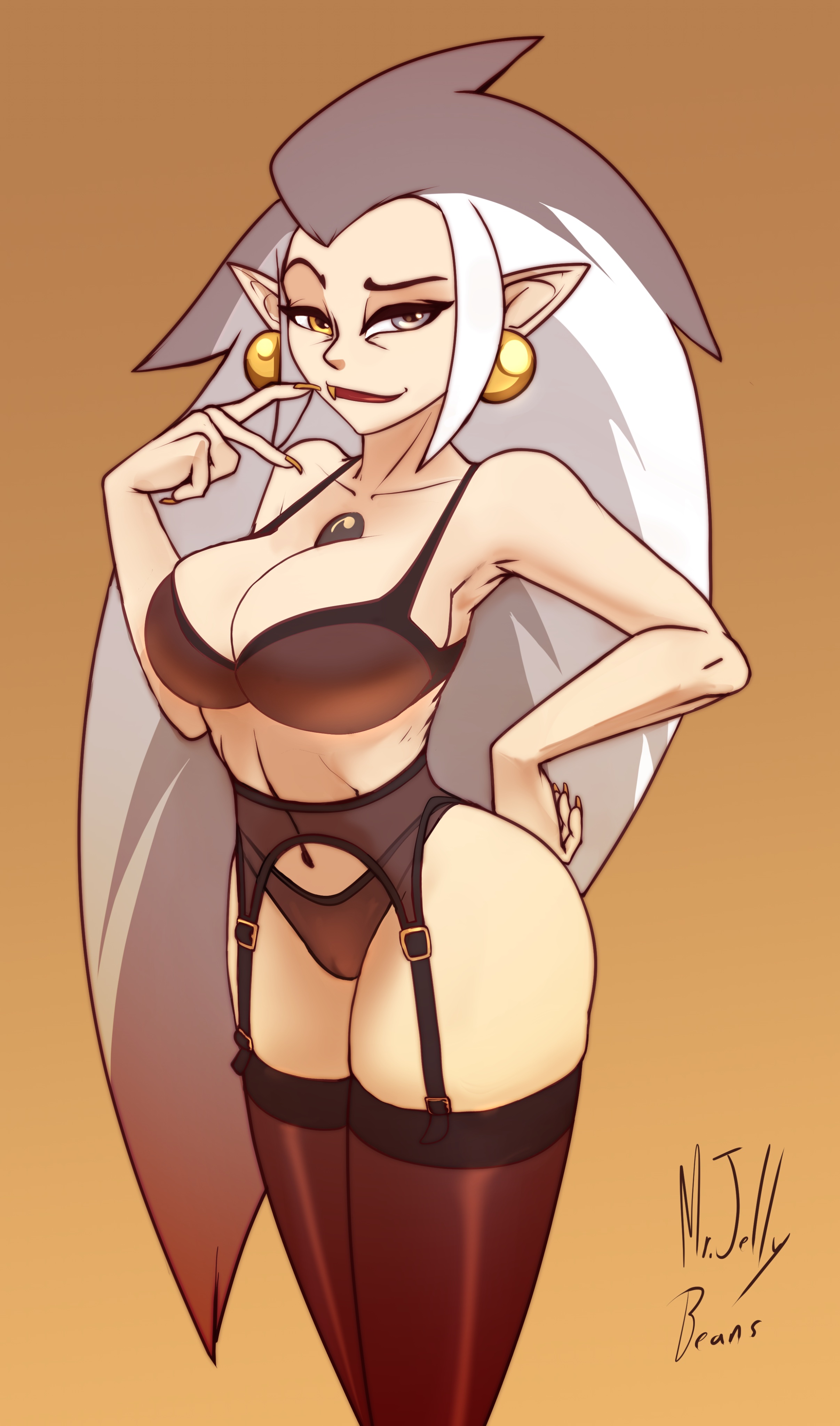 1girls, breasts, casual, casual underwear, clothing, disney, disney channel, disney xd, eda clawthorne, female, garter straps, grey hair, heterochromia, large breasts, legwear, lingerie, looking at viewer, mature female, mr.jellybeans, pale skin, pointy ears, solo, stockings, straight hair, the owl house, underwear, witch