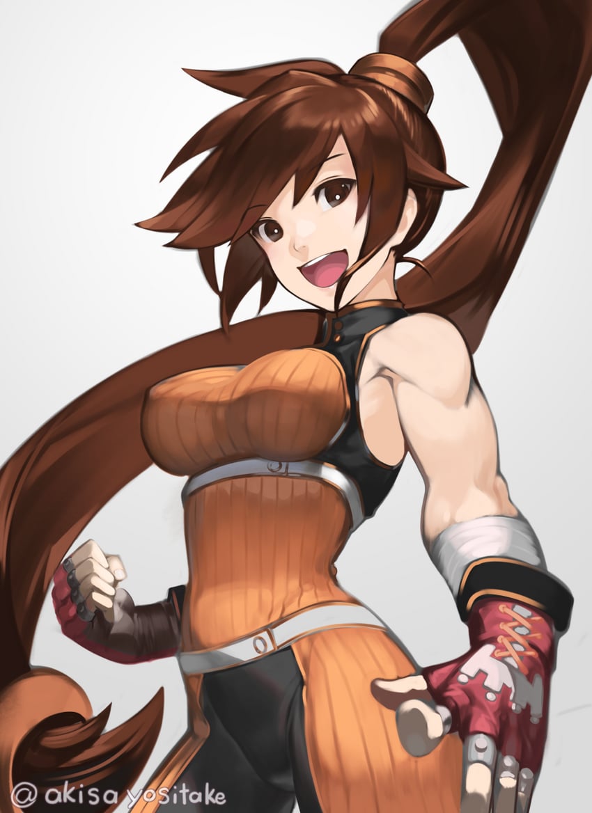 akisa (12023648), artist name, bandages, bangs, bare shoulders, breasts, brown eyes, brown hair, clenched hand, commentary request, dnf duel, dungeon and fighter, dungeon fighter online, female, fighter (dungeon and fighter), fingerless gloves, fingernails, gloves, grey background, hair ornament, highres, long hair, looking at viewer, medium breasts, muscular, muscular female, open mouth, ponytail, shiny, signature, simple background, sleeveless, smile, striker (dungeon and fighter), teeth, tied hair, upper body