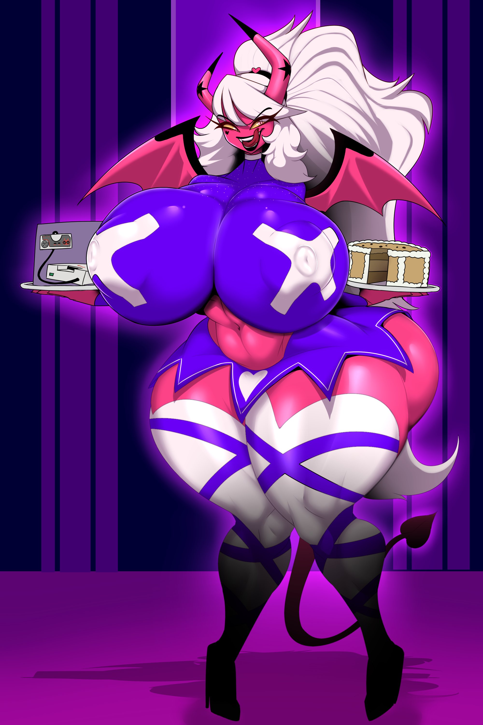 1girls, 2d, 2d (artwork), 2d artwork, abstract background, ass, ber00, big ass, big breasts, bimbo, breasts, cake, chocolate cake gameboy and me, demon, demon girl, detailed background, female, female only, game console, heels, helluva boss, high heels, horns, horny, hourglass figure, huge ass, huge breasts, hyper, hyper ass, hyper breasts, hyper butt, hyper thighs, large ass, large breasts, licking, licking lips, licking own lips, lips, massive ass, massive breasts, nipples visible through clothing, picket fences (series), pink body, pink eyes, pink skin, platinum blonde hair, skimpy, skimpy clothes, skimpy outfit, solo, succubus, thick hips, thick thighs, thin arms, thin female, thin waist, thunder thighs, tongue, tongue out, verosika mayday (helluva boss), white hair, yellow eyes