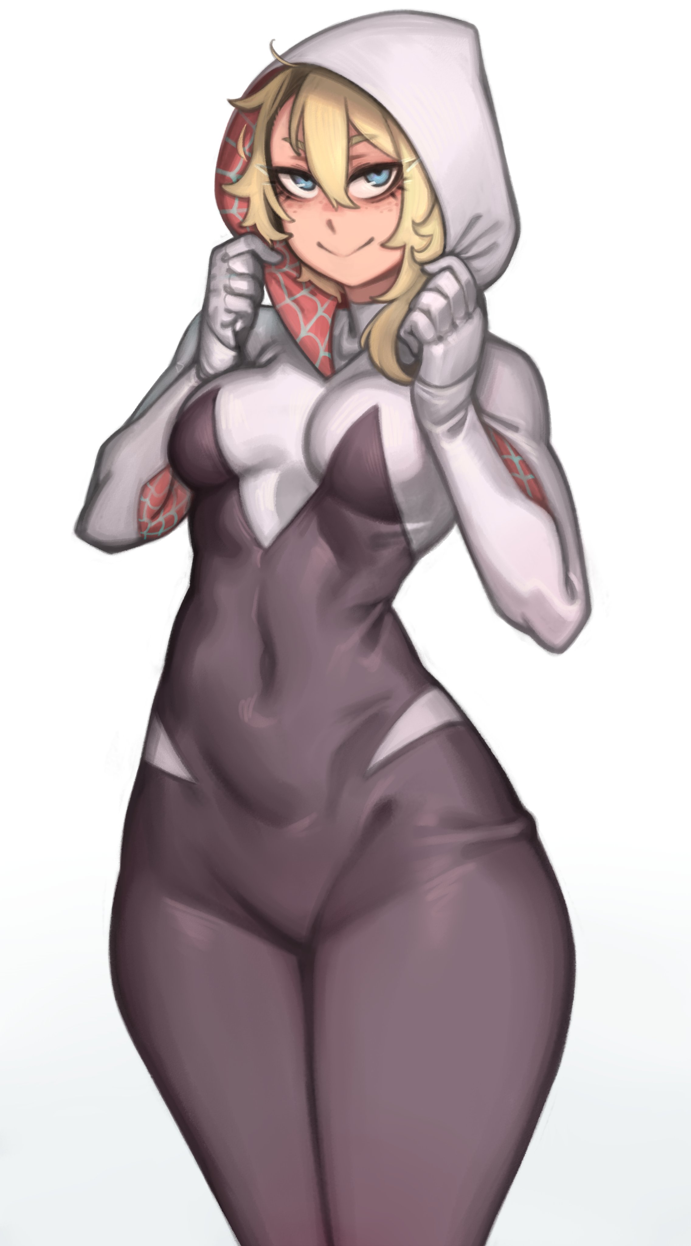 asymmetrical hair, blonde hair, blue eyes, female, gwen stacy, hoodie, kelvin hiu, looking at viewer, marvel, marvel comics, navel, simple background, skin tight, smile, solo, solo female, spider-gwen, spider-man: into the spider-verse, wide hips