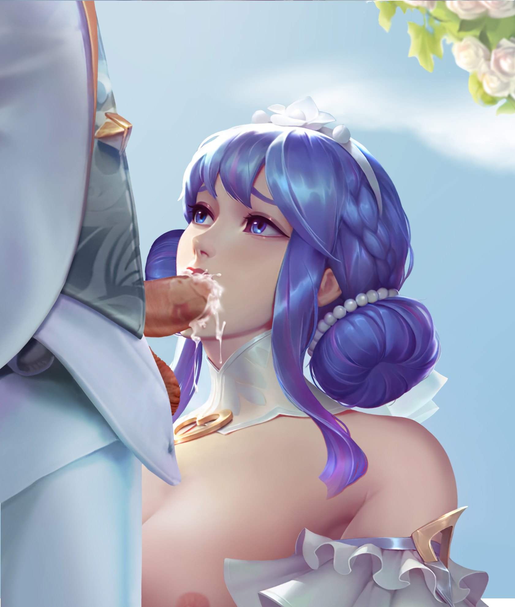 1boy, 1girls, crystal rose jarvan iv, crystal rose series, crystal rose sona, cum, cum in mouth, cum on face, female, jarvan lightshield iv, league of legends, league of legends: wild rift, licking penis, male, penis, sona buvelle, yellow ! cat