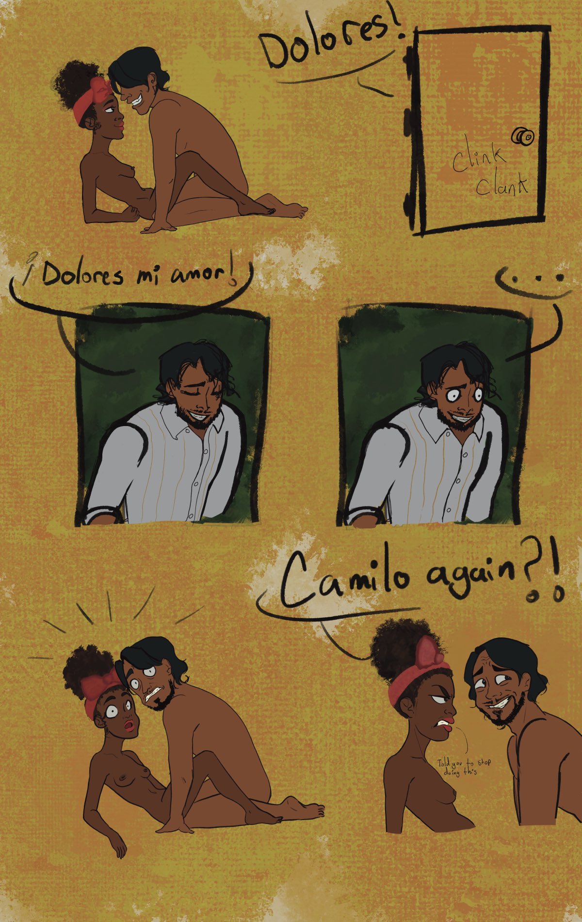 1girls, 2boys, accidental incest, afrolatina, breasts, camilo madrigal, colombian female, comic, dark skin, dark-skinned female, dark-skinned male, disney, dolores madrigal, encanto, female, fishnchips, incest, latina, latino, male, mariano guzman, mistaken identity, nude, shapeshifter, shapeshifting, siblings