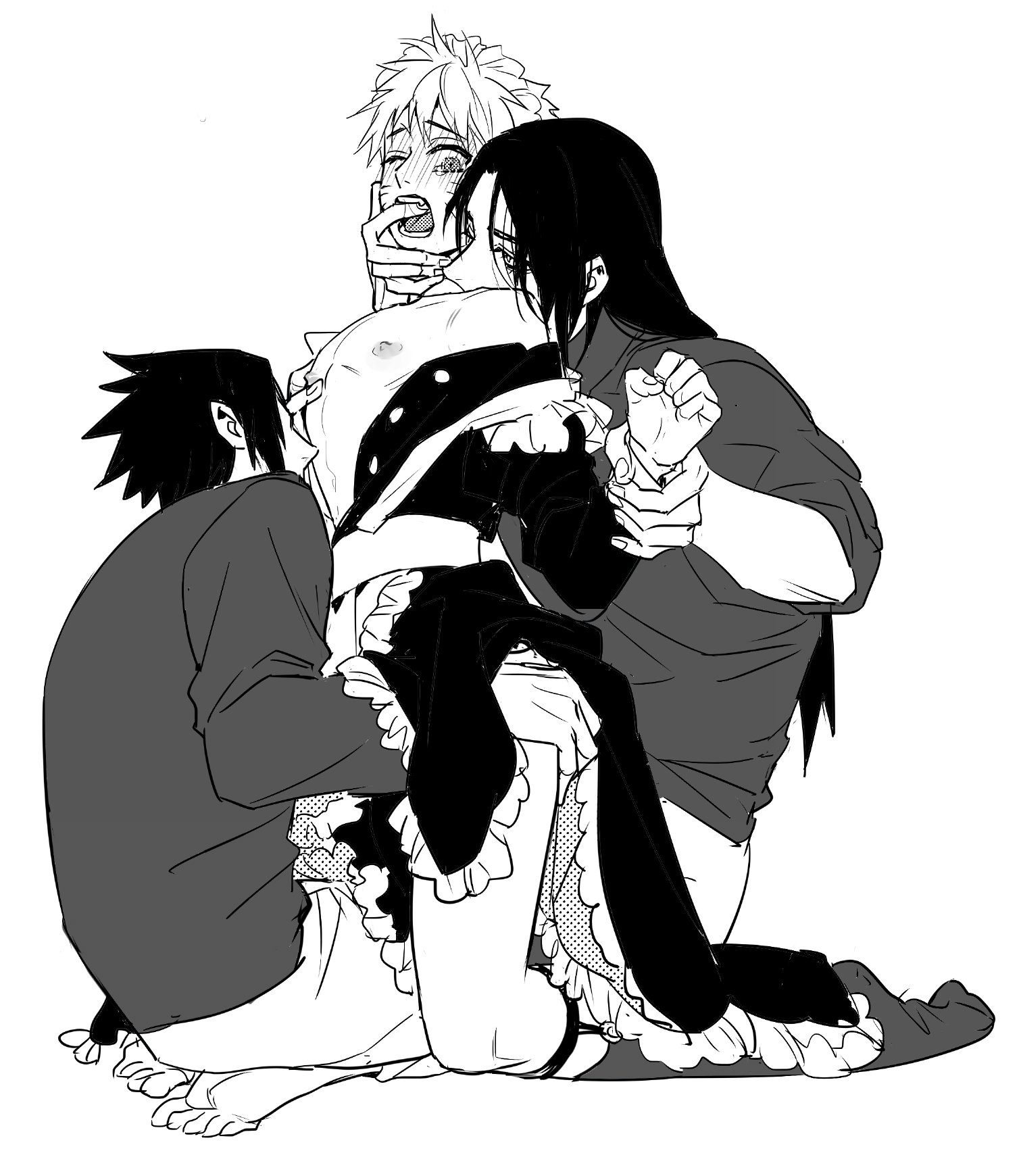 3boys, barefoot, black and white, black hair, blush, brother, brothers, clothed, clothed sex, clothing, crossdressing, crying, crying with eyes open, dress, facial markings, feet, femboy, finger in mouth, fully clothed, gay, kneehighs, kneeling, kneesocks, long hair, maid, maid apron, maid dress, maid headdress, maid outfit, maid uniform, male, male only, male/male, monochrome, multiple boys, multiple males, naruto, naruto (series), naruto shippuden, nipples, on knees, one eye closed, open clothes, petite, sasuke uchiha, sex, shounen jump, sissy, sitting, socks, soles, spiky hair, tearing up, tears, toes, twink, uchiha itachi, uzumaki naruto, whisker markings, whiskers, yaoi