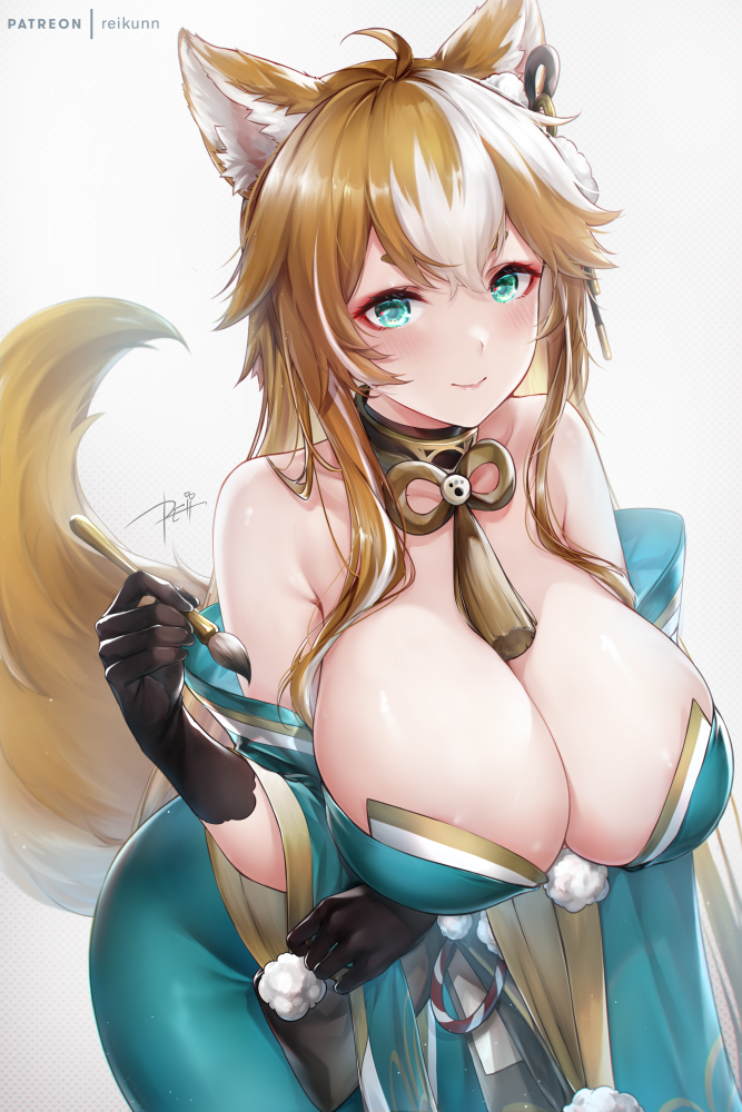 1girls 2021 animal_ears artist_signature blush breasts brown_hair brush cleavage enormous_breasts eyeliner female female_only fluffy_ears fluffy_tail genderswap genderswap_(mtf) genshin_impact gorou_(genshin_impact) green_clothing green_eyes hips holding_object huge_breasts kimono looking_at_viewer makeup ms_hina_(genshin_impact) mtf_transformation rei_kun rule_63 simple_background slim_waist smile solo tail thick_thighs thighs white_background wide_hips