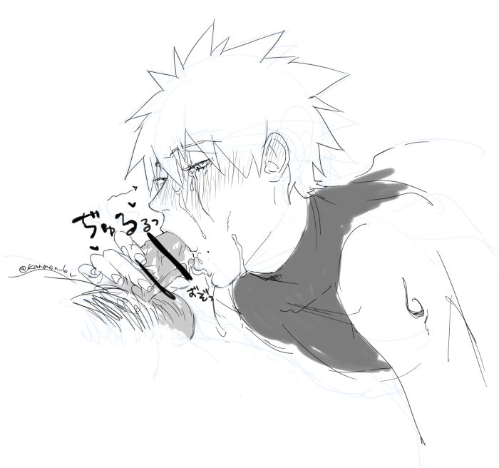 2boys, arm tattoo, bent over, blowjob, celojun, crying, eyebrows visible through hair, fellatio, gay, hatake kakashi, kakashi hatake, kneeling, male, male focus, mole, mole under mouth, multiple boys, multiple males, naruto, naruto (series), naruto shippuden, oral, oral sex, scar, scar across eye, short hair, tattoo, tears, unmasked, yaoi