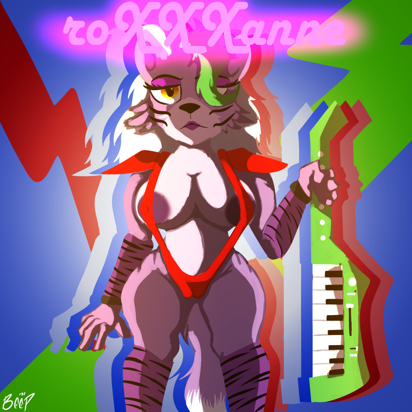 1:1 2021 80's_theme absurd_res animatronic beep! cameltoe canid canine canis female five_nights_at_freddy's five_nights_at_freddy's:_security_breach hi_res humanoid keyboard_instrument keytar machine mammal marketing musical_instrument poster robot robot_humanoid roxanne_wolf_(fnaf) scottgames solo video_games wolf wordplay