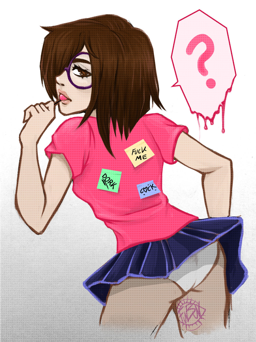 ? blue_skirt brown_eyes brown_hair glasses hair_covering_eye hair_covering_one_eye lolipop one_eye_covered one_eye_obstructed pantyshot pantyshot_(standing) pink_shirt skirt sticky_note sticky_notes tattoo tattoo_on_leg upskirt white_panties witequeen