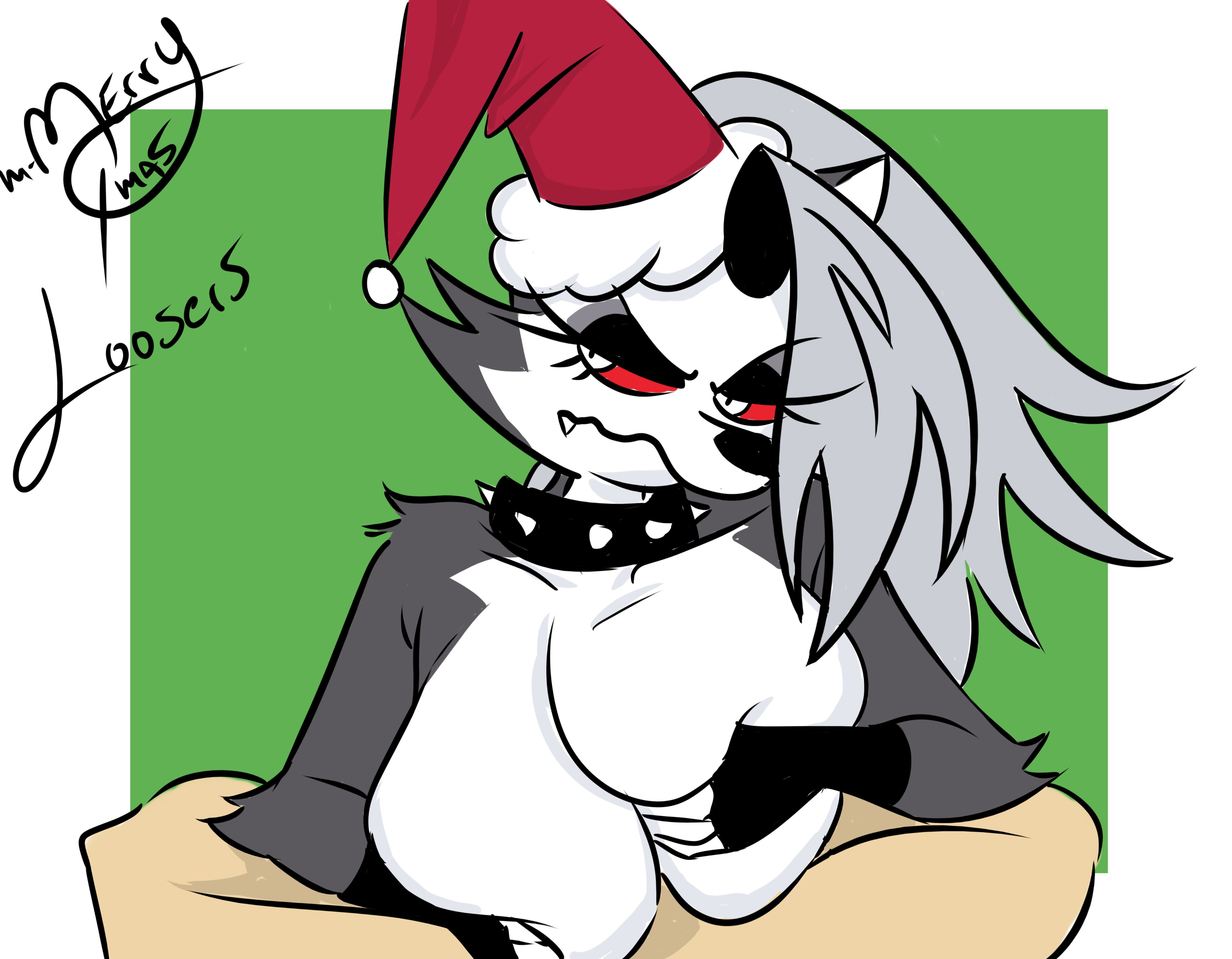 absurd res, anthro, aptom7747, big breasts, breast grab, breast play, breasts, canid, canid demon, christmas, collar, demon, duo, faceless character, faceless male, fangs, female, fur, furry, grey body, grey fur, grey hair, hair, hand on breast, hellhound, helluva boss, hi res, holidays, human, human on anthro, interspecies, light skin, light-skinned male, loona (helluva boss), male, male/female, mammal, multicolored body, multicolored fur, paizuri, sex, simple background, two-tone body, two-tone fur, white body, white fur