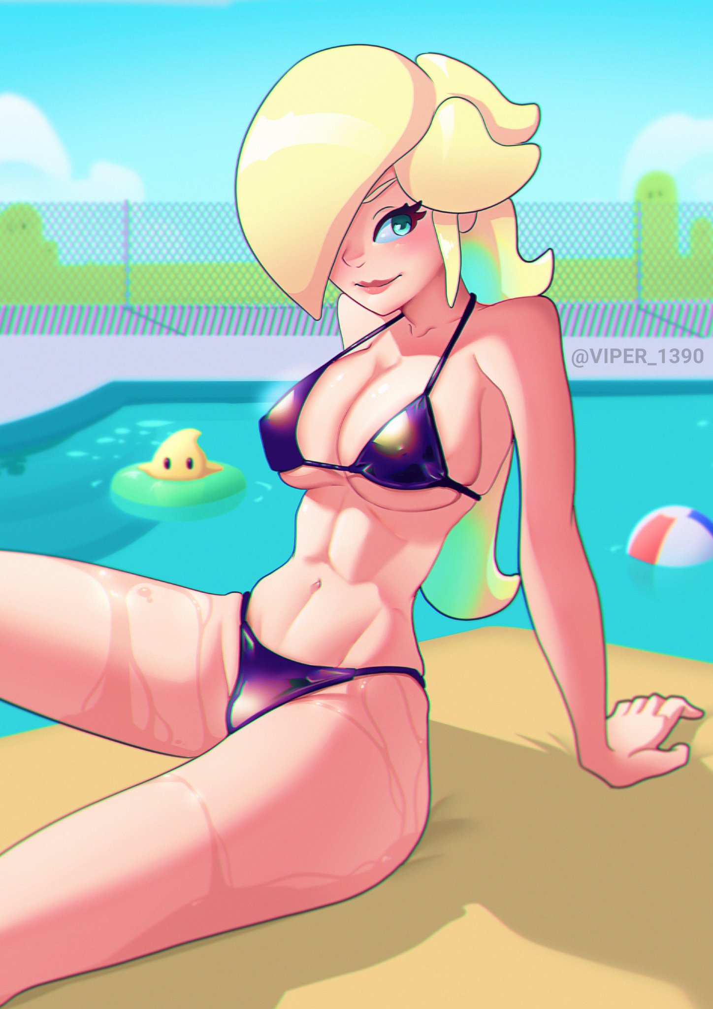 1girls, 2021, beach ball, big breasts, bikini, blonde hair, blue eyes, breasts, day, feet out of frame, female, female only, hair over one eye, long hair, looking at viewer, luma, mario (series), nintendo, nipple bulge, outside, pool, poolside, princess rosalina, purple bikini, shiny skin, sitting, smile, solo, twitter username, viper1390, wet