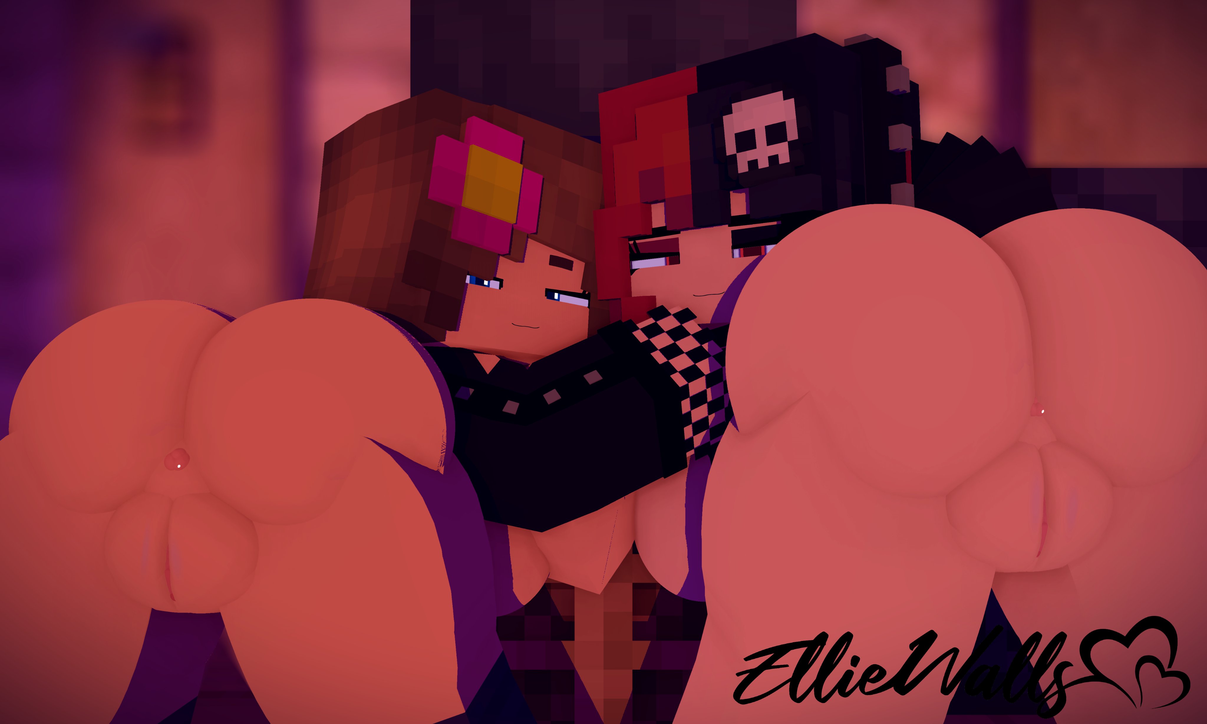 2girls, 3d, ass, ass focus, big ass, big butt, black and red hair, blue eyes, breasts, brown hair, commission, ellie walls (odysseyellie), female, goth, goth girl, horny female, human, human female, humanoid, inviting to sex, jenny belle (slipperyt), looking at another, looking at viewer, looking back, mine-imator, minecraft, multicolored hair, no panties, odysseyellie, outside, public use, pussy, red eyes, sex, spiked hairband, stockings, tagme, vagina