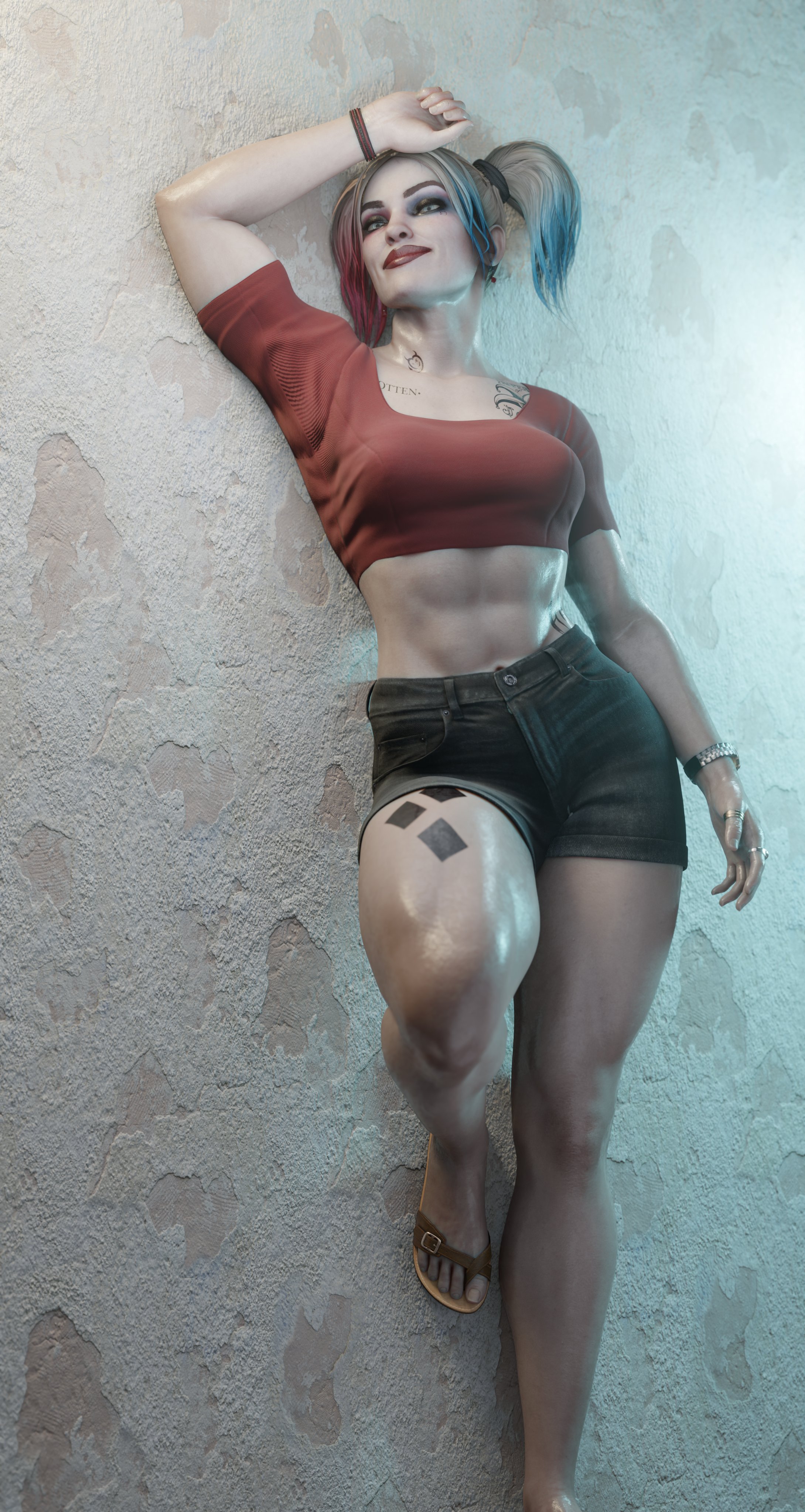 1girls, 2020s, 2021, 3d, abs, against wall, batman (series), big breasts, black bottomwear, blender, blonde hair, blue eyes, booty shorts, breasts, clothed, clothed female, crop top, dc, dc comics, denim shorts, dyed hair, female, female only, fully clothed, harley quinn, harley quinn (injustice), human, injustice 2, light skin, light-skinned female, lipstick, loligagger, midriff, muscular, muscular arms, muscular female, muscular legs, pale skin, pale-skinned female, realistic, red lipstick, short shorts, shorts, smile, smirk, solo, solo female, strong tomboy (spectrum), tattoo, thick thighs, tomboy, twin tails, western art