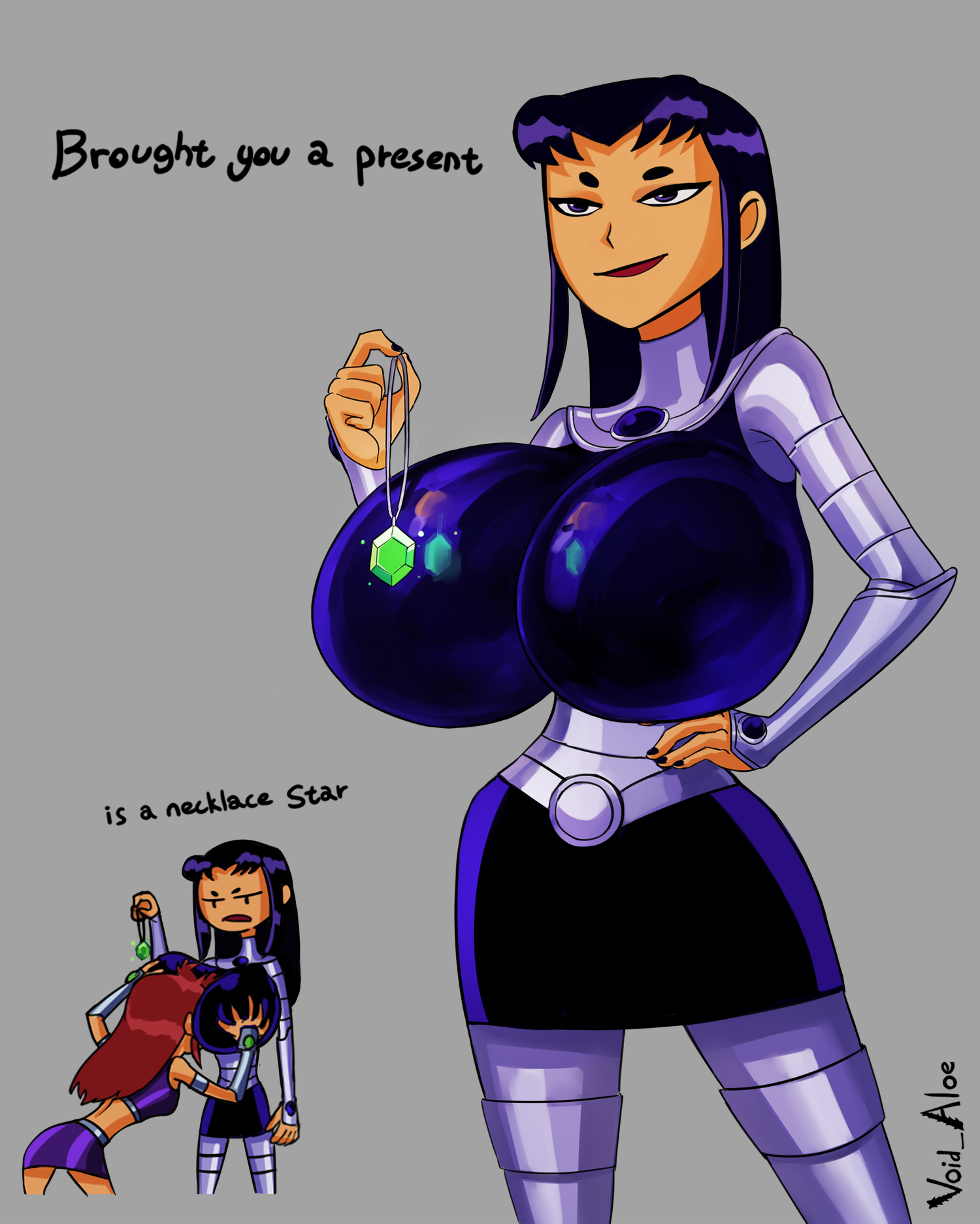 2d, 2girls, alien, alien girl, big breasts, black hair, blackfire, breast grab, breasts, breasts bigger than head, breasts on face, clothed, dc, dc comics, female, female only, grabbing breasts, hand on hip, huge breasts, incest, komand'r, koriand'r, large breasts, long hair, multiple females, multiple girls, necklace, no bra, red hair, reflection, signature, starfire, straight hair, tan skin, tan-skinned female, teen titans, text, tight clothes, tight clothing, tight fit, top heavy, void aloe, yuri