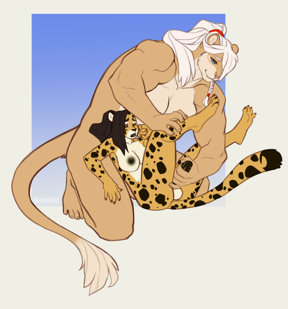 1boy 1futa 2021 4_toes 5_fingers 5_toes anthro areola balls breasts digital_media_(artwork) duo faint_(artist) feet felid fingers futa_on_male futanari genitals gynomorph gynomorph/male hair handjob intersex intersex/male lion male mammal nipples nude pantherine penis toes white_hair