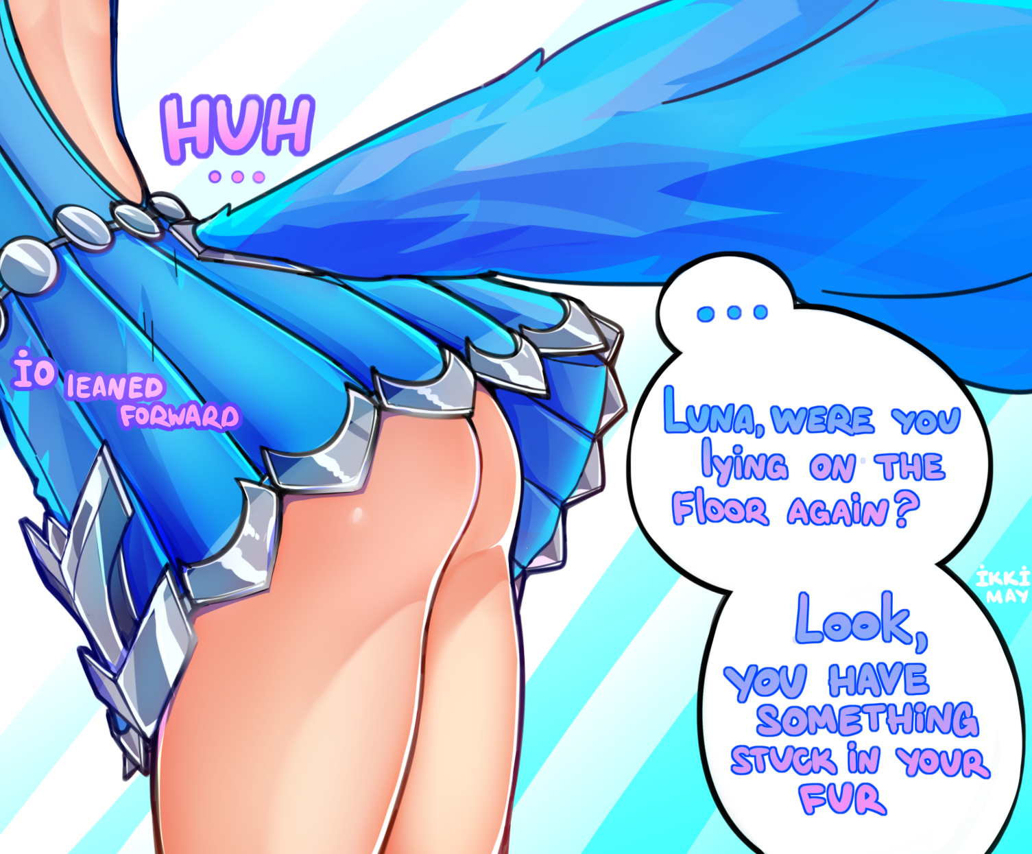1girls, ass, bending over, bent over, dialogue, dress, english text, female, female only, fox girl, fox tail, ikkimay, io (paladins), light skin, light-skinned female, no panties, paladins, petite, skirt, solo, tail, text, thighs, upskirt