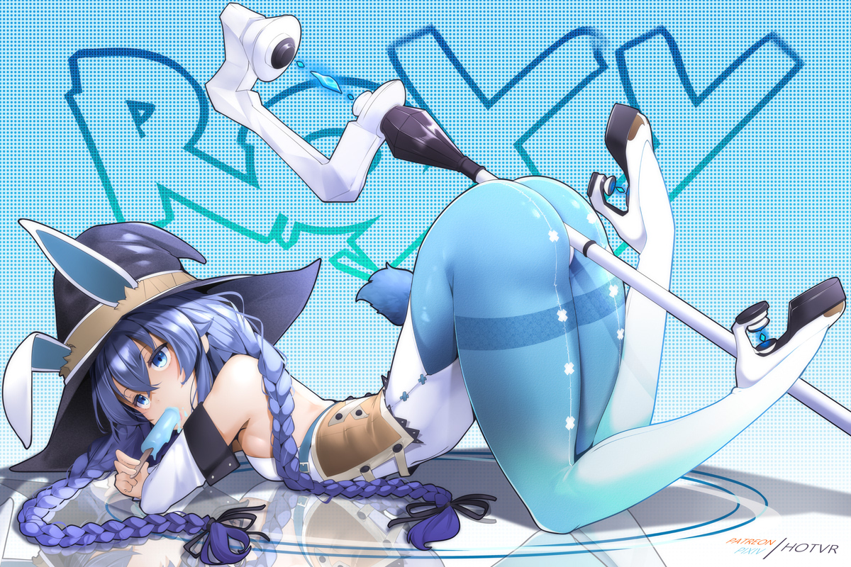 1girls, ass, blue hair, braided hair, bunny ears, bunny tail, bunnysuit, female, hat, high heels, hotvr, leotard, mushoku tensei, pantyhose, roxy migurdia, skin tight, solo, thick thighs, tight clothing, twin braids, witch hat