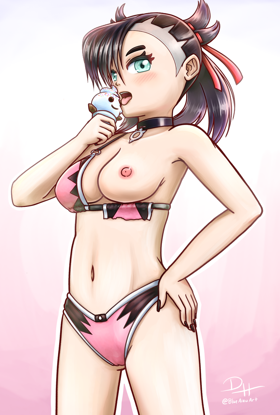 black_nails blue_eyes blueaizu blush choker female ice_cream marnie_(pokemon) one_breast_out pokemon pokemon_ss solo swimsuit torn_clothes vanillite