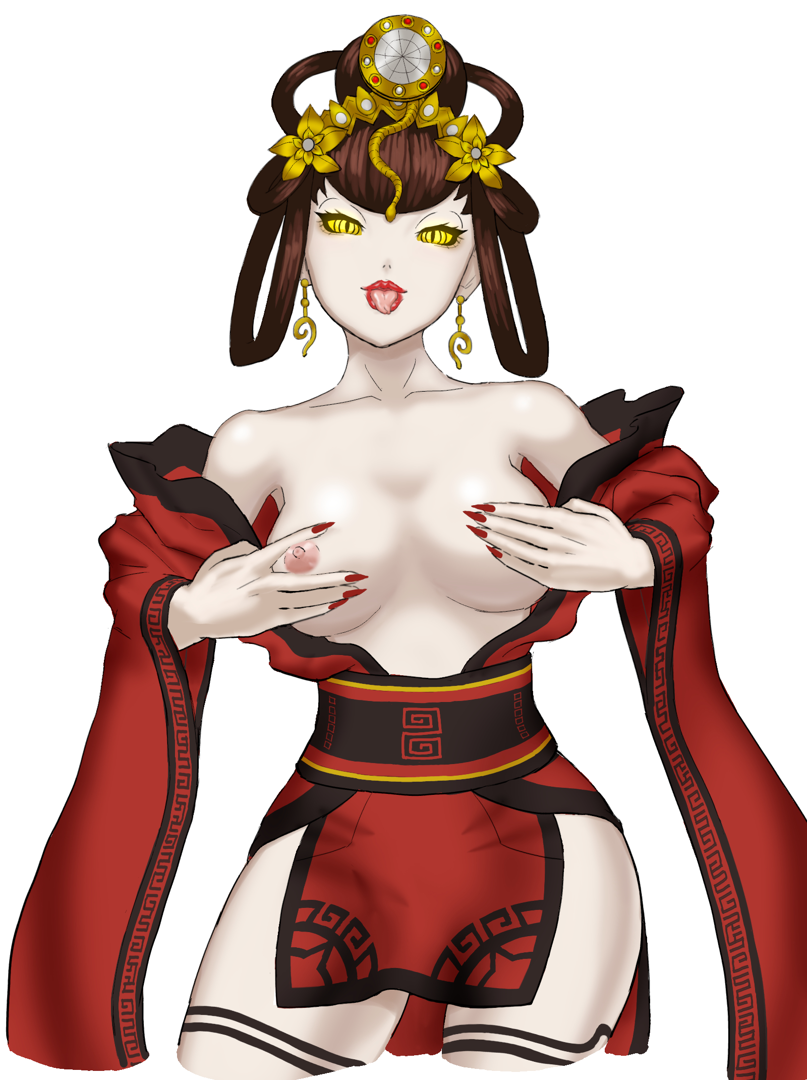 atlus, bare breasts, bare shoulders, big breasts, breasts, brown hair, earrings, female, goddess, hair ornament, long fingernails, megami tensei, megaten, nipple slip, nipples, nuwa (megami tensei), red dress, red nails, shin megami tensei, shin megami tensei v, yellow eyes