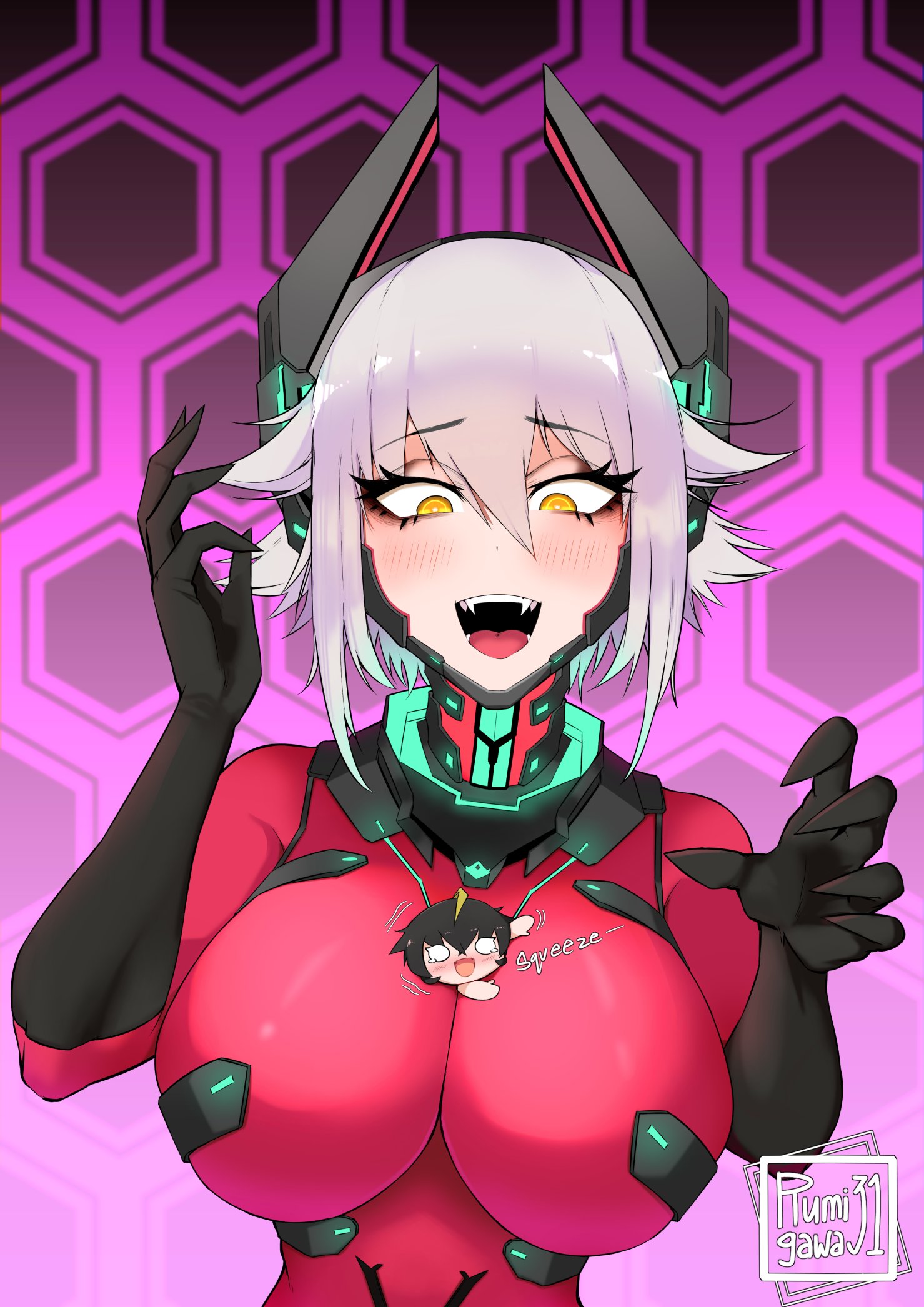1boy, 1girls, android, android girl, between breasts, blush, bodysuit, breast squish, breasts, cybernetics, cyborg, fangs, female, giantess, huge breasts, large breasts, larger female, macro, male, rumigawa31, size difference, solo, virtual youtuber, vshojo, white hair, yellow eyes, zentreya, zentreya (cyborg)