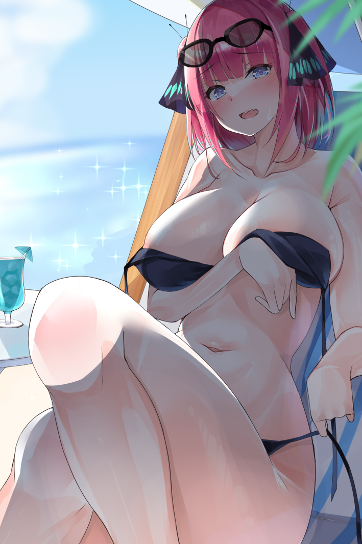 1girls, areolae, beach, big breasts, bikini, blue eyes, blush, breasts, caught, curvy, deck chair, drink, female, female only, go-toubun no hanayome, hair ribbon, huge breasts, micosivaa, nakano nino, nipples, pink hair, short hair, solo, stripping, sunglasses, sunglasses on head, thick thighs