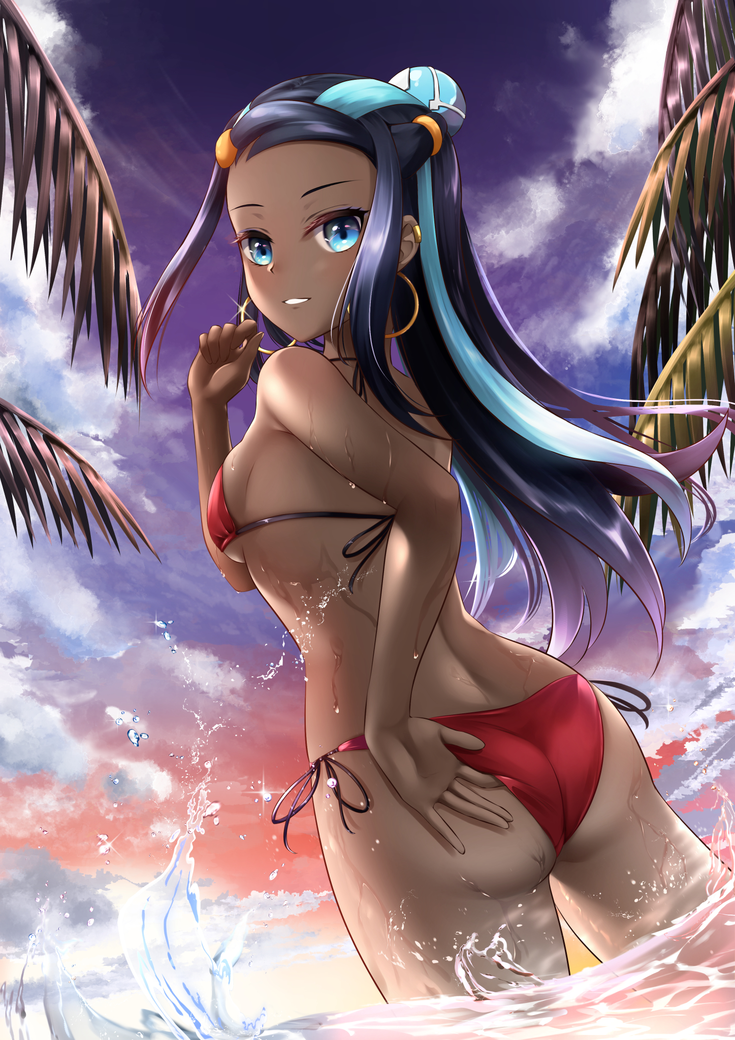 1girls, alternate costume, ass, bikini, black hair, blue eyes, blue hair, blush, breasts, c.u.wa, cloud, dark blue hair, dark skin, dark-skinned female, day, earclip, earrings, female, female only, from below, glint, hair bun, halterneck, highres, hoop earrings, jewelry, light blue hair, long hair, looking at viewer, looking back, medium breasts, multicolored hair, nessa (pokemon), nintendo, outdoors, parted lips, pokemon, pokemon ss, red bikini, side-tie bikini, sky, smile, solo, solo female, sparkle, string bikini, swimsuit, two-tone hair, water, water drop, wedgie