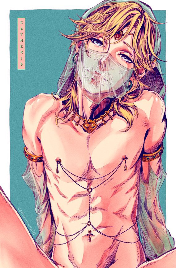 1boy, abs, blonde hair, blue eyes, breath of the wild, cathexis art, cute male, femboy, gerudo link, link, link (breath of the wild), looking at viewer, male, mask, navel, the legend of zelda, toned, toned male, veil