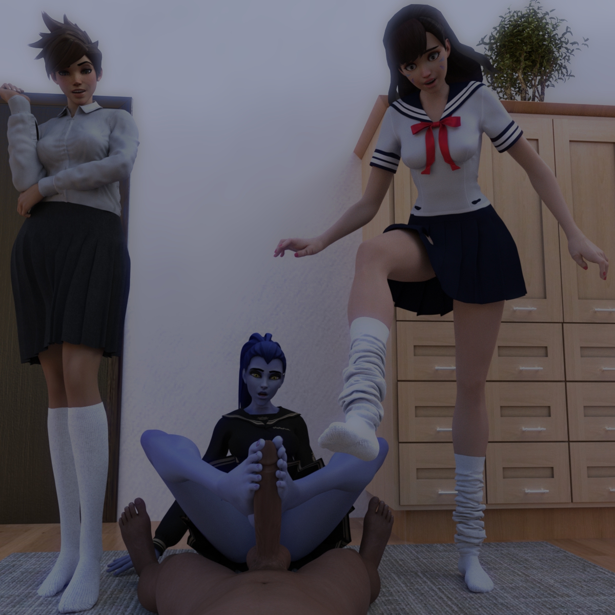 1boy, 3d, 3girls, bare legs, barefoot, blizzard entertainment, d.va, feet, female, footjob, male, noobanimator, overwatch, penis, school uniform, schoolgirl, socks, toes, toes spread, tracer, uniform, video games, widowmaker