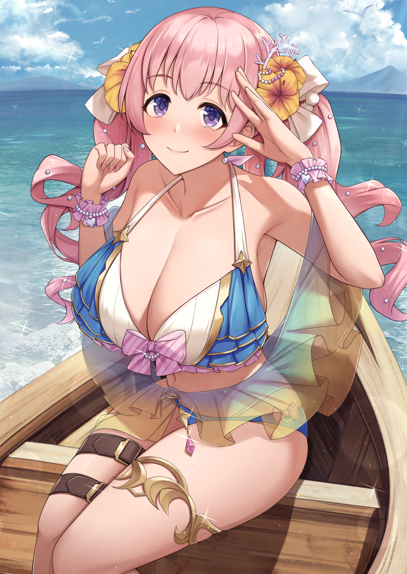 bangs, bare shoulders, bikini, blue bikini, blush, boat, bracelet, breasts, cleavage, closed mouth, collarbone, eyebrows visible through hair, female, flower, fou zi, hair flower, hair ornament, hands up, highres, jewelry, large breasts, long hair, looking at viewer, mayumiya tsumugi, navel, outdoors, paintcan, pink hair, princess connect!, princess connect! re:dive, purple eyes, sitting, smile, solo, swimsuit, thigh strap, thighlet, thighs, tsumugi (princess connect!), twintails, water, watercraft