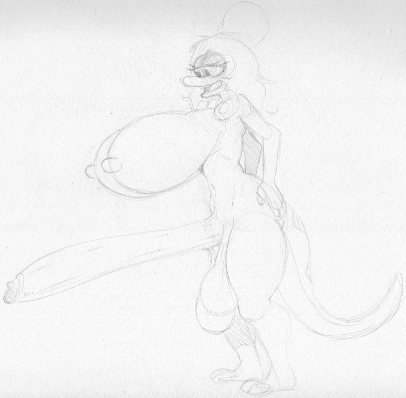 2_toes amphibia amphibia_(series) amphibian anthro balls big_penis breasts disney erection feet fingers futanari genitals gynomorph hair hair_bun huge_cock hyper hyper_genitalia hyper_penis intersex lady_olivia long_penis long_tail monochrome newt nipples non-mammal_breasts nude open_mouth penis salamander_(amphibian) sbshouseofpancakes smooth_skin toes tongue traditional_media_(artwork)