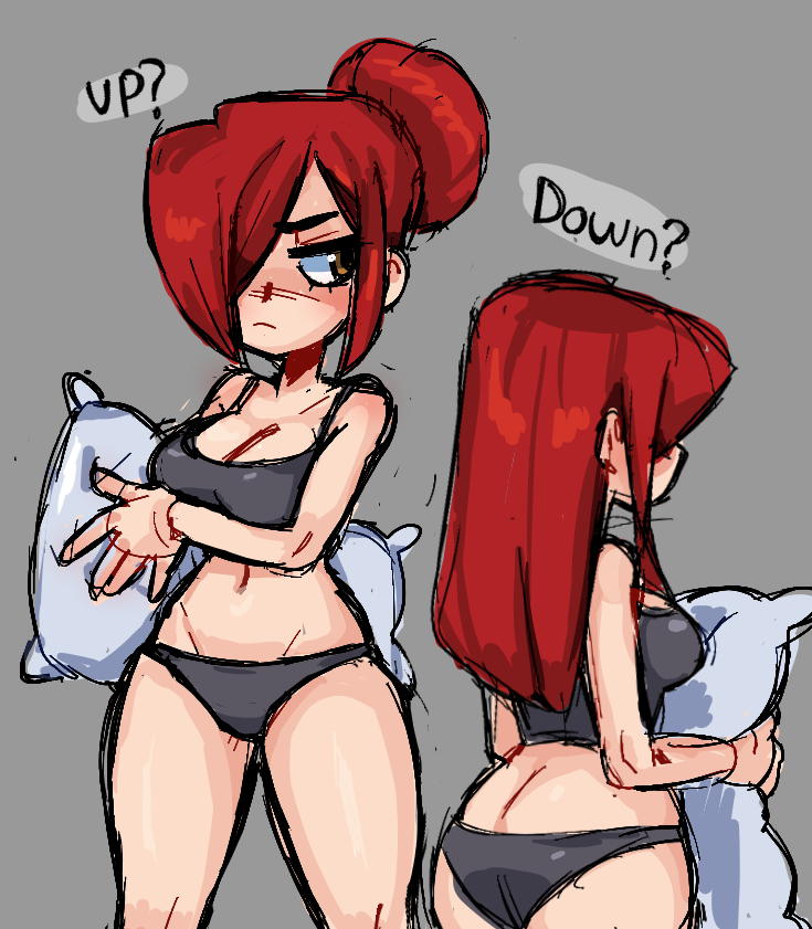 1girls, ass, female, long hair, pajamas, panties, parasoul, pillow, red hair, skullgirls, solo, video games