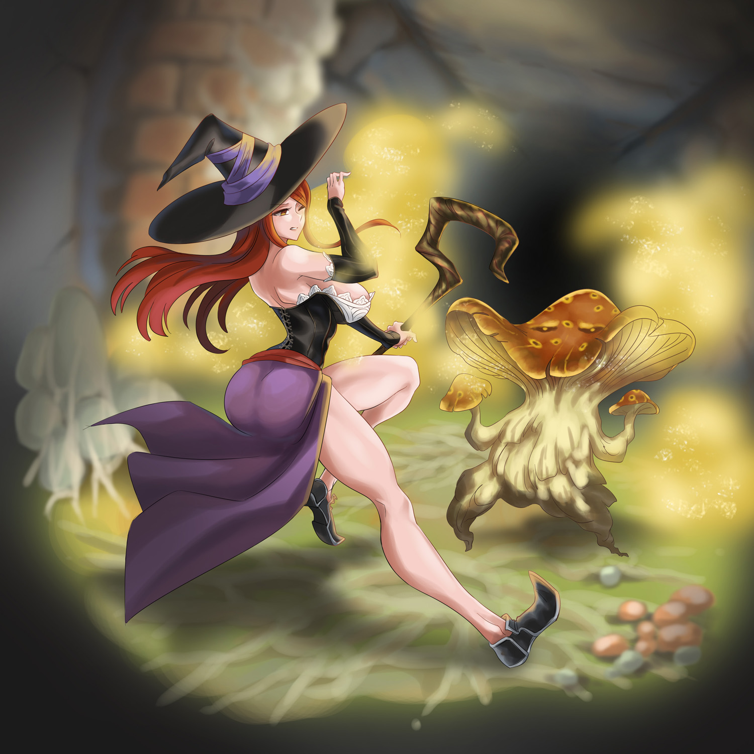 1girls, before transformation, breasts, dragon's crown, female, large breasts, mushroom humanoid, pre-transformation, sorceress (dragon's crown), spores, transformation