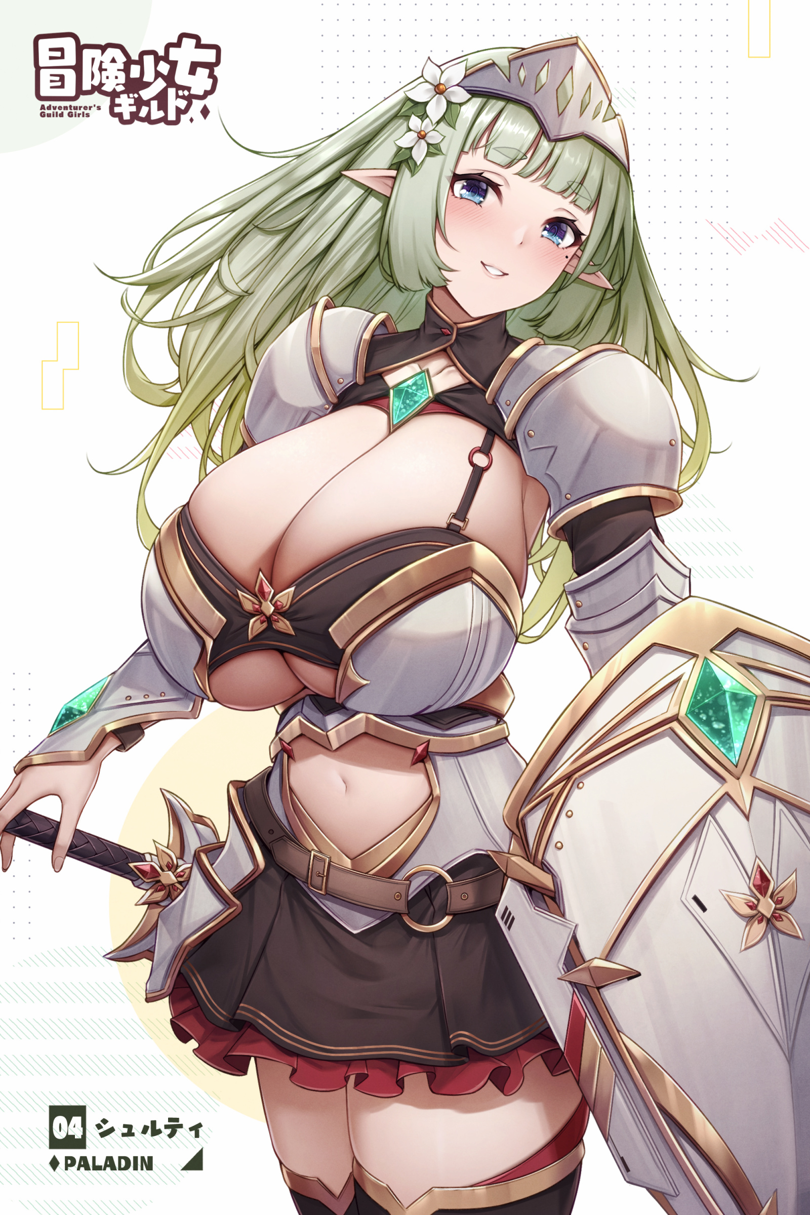 absurdres, armor, bangs, blue eyes, blunt bangs, blush, breasts, brooch, clothing cutout, commentary request, cowboy shot, eyebrows visible through hair, female, fou zi, green hair, highres, huge breasts, jewelry, long hair, looking at viewer, navel, navel cutout, original, paintcan, parted lips, pointy ears, revision, shield, smile, solo, sword, thighhighs, thighs, weapon