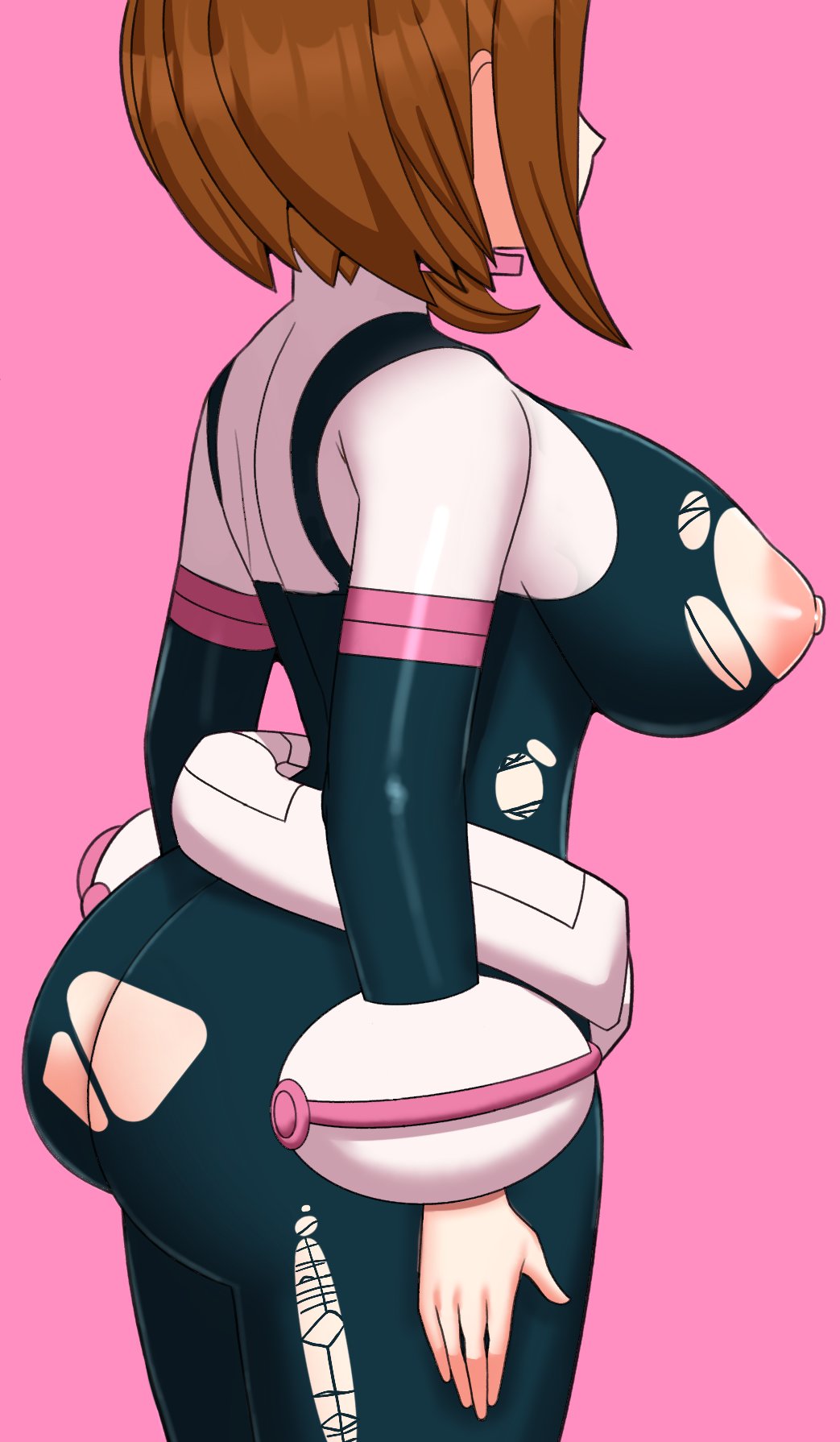1girls, bodysuit, boku no hero academia, breasts, brown hair, brown-haired female, brunette, coldarsenal, facing away, female, female human, hero outfit (mha), human, large breasts, light skin, light-skinned female, my hero academia, ochako uraraka, ochako uraraka (hero outfit), pink background, ripped clothing, skin tight, superhero costume, superheroine, teenage female, teenager, torn bodysuit, torn clothes, uraraka ochaco, uraraka ochako, uraraka ochako (hero outfit)